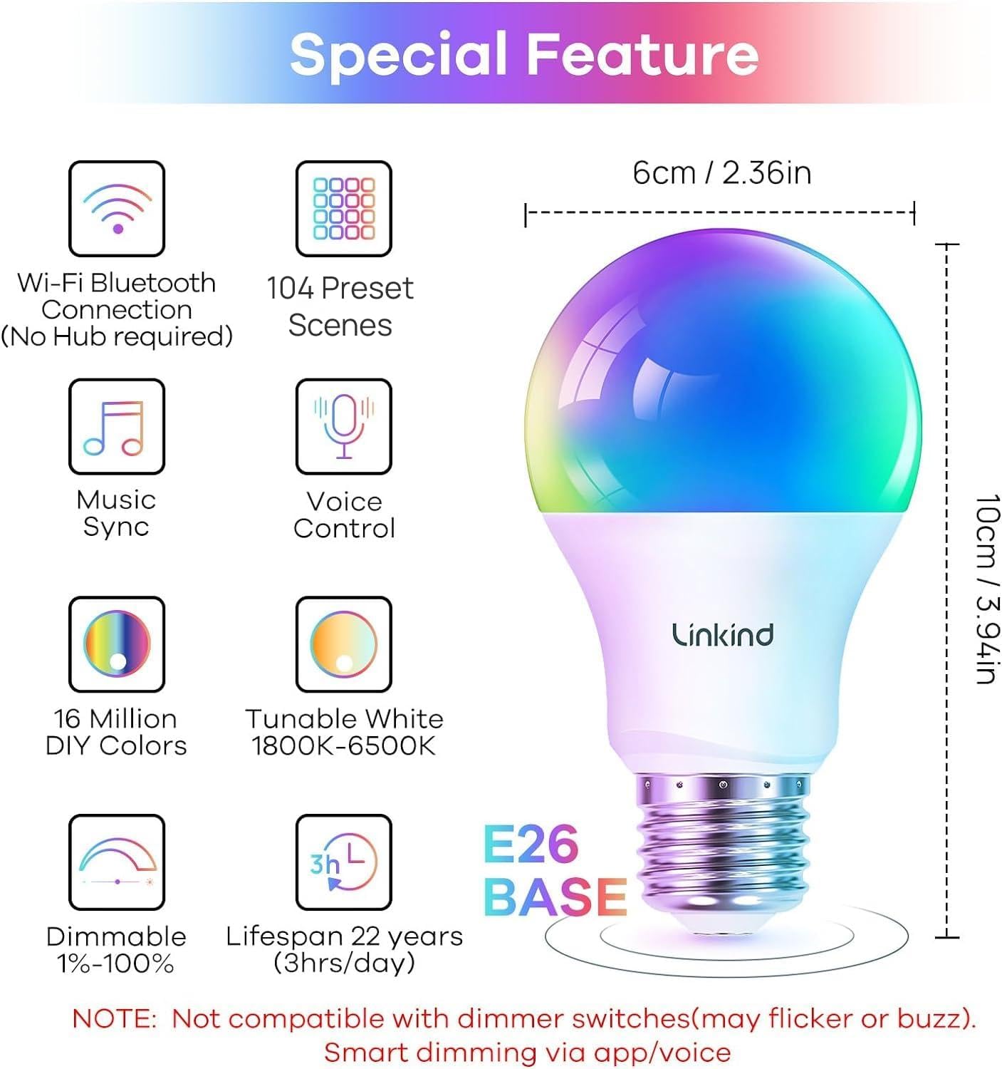 Linkind Smart Light Bulbs, Smart Bulb That Work with Alexa & Google Home, LED Light Bulbs Color Changing, 64 Preset Scenes, Music Sync, A19 E26 2.4GHz RGBTW WiFi Bluetooth Light Bulb 60W, 800LM, 4Pack-1