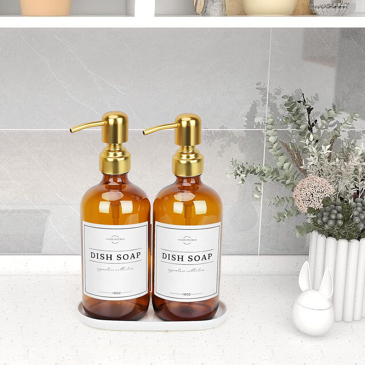 Glass Soap Dispenser with Pump and Tray - Refillable Amber Soap Dispenser Bottles Used for Hand Soap, Dish Soap, Lotion - Vintage Soap Dispenser Bathroom and Kitchen Set (Amber Bottles; Gold Pumps)-1