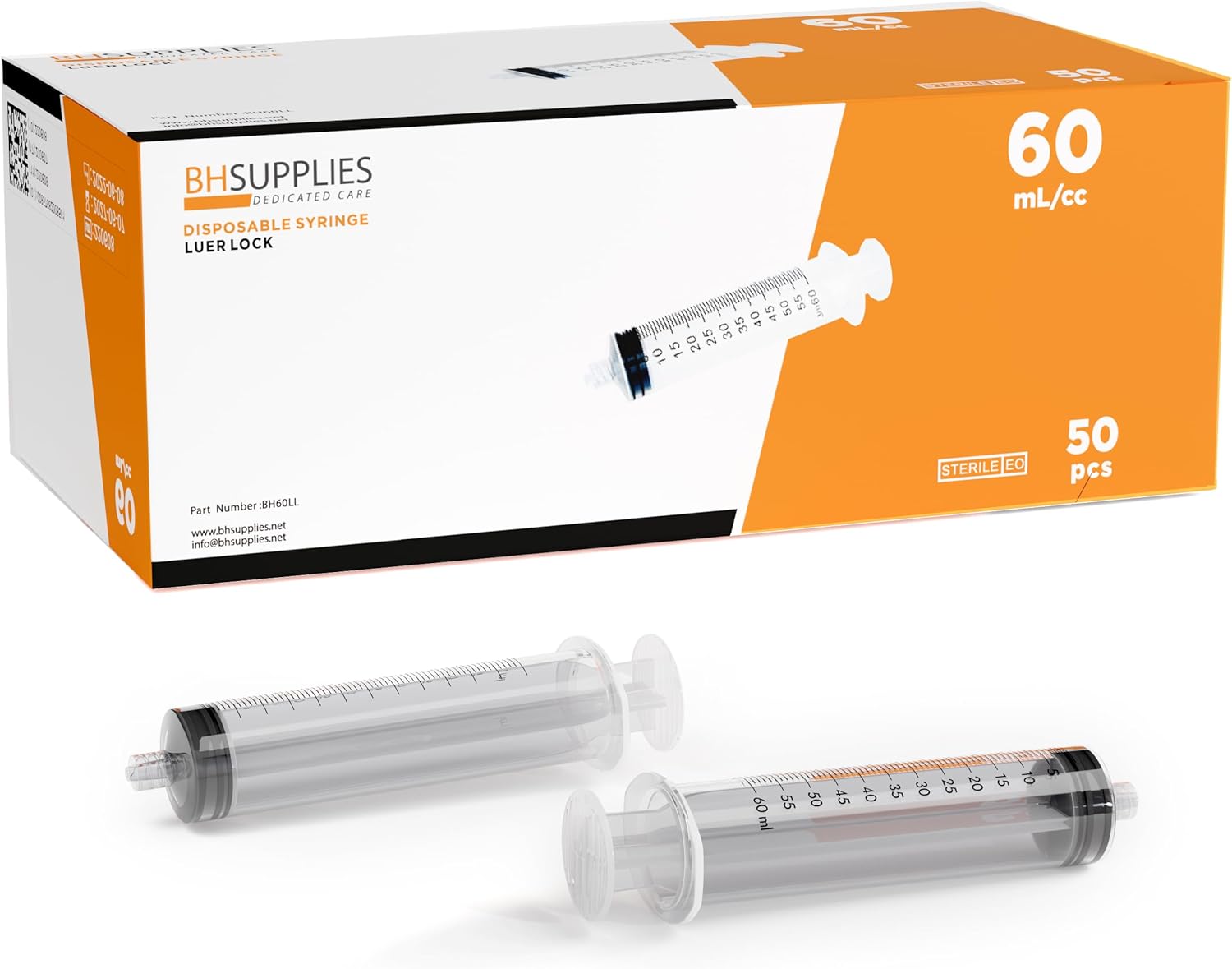 BH Supplies 60ml Luer Lock Tip Syringes (No Needle) - Sterile, Individually Wrapped - 50 Syringes-0