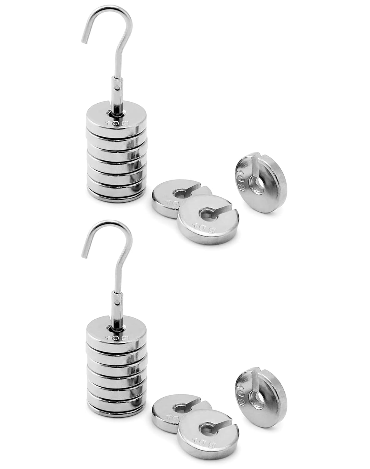 QWORK Lab Slotted Mass Set, 2 Set of Chromium-Plated Metal Slotted Weights, One Set - Total 100g - Includes 9 Weights (10g Each) & One Hanger (10g)-6