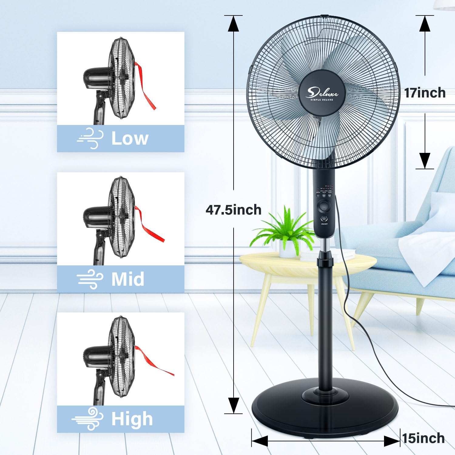 Simple Deluxe Pedestal Stand Fan with Remote Control for Indoor, Bedroom, Living Room, Home Office & College Dorm Use,3 Speed, Black, 16 Inch-2