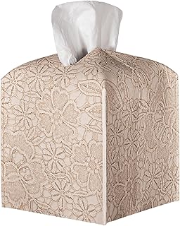 Tissue Box Cover PU Leather Square Tissue Holder Facial Paper Organizer Dispenser for Bathroom Vanity Countertop, Dresser, Tabletop, Office, Car, Creamy-White