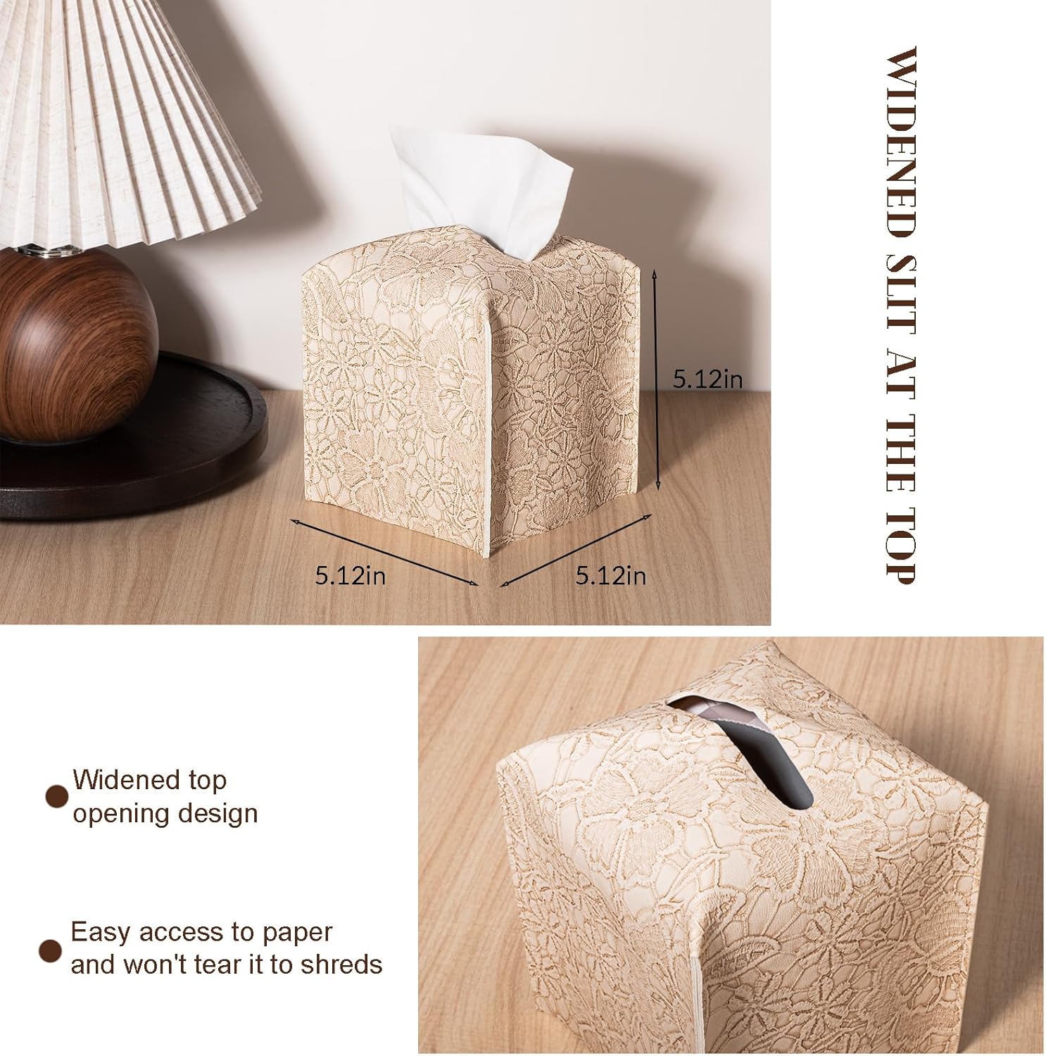 Tissue Box Cover PU Leather Square Tissue Holder Facial Paper Organizer Dispenser for Bathroom Vanity Countertop, Dresser, Tabletop, Office, Car, Creamy-White-6