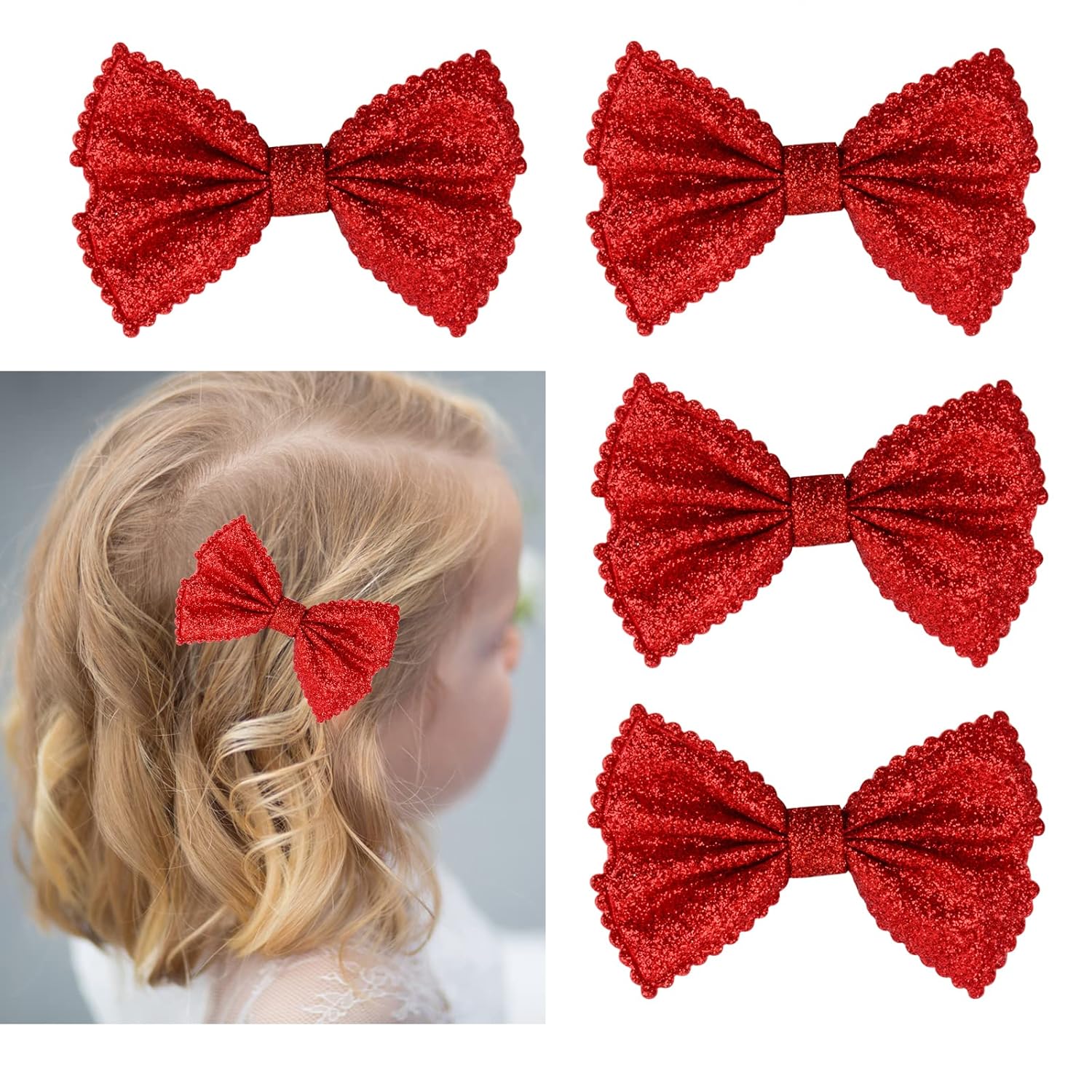 Glitter Bow Hair Clips Sparkly Bowknot Hair Barrettes 4 Pcs (red)-0