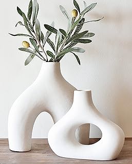 Carrot's Den Donut Vase, Set of 2 - Minimalist Nordic, White Ceramic Hollow Donut Vase Decor | Table Centerpiece, Olive Plant, Wedding, Living Room, Bookshelf, Office, Modern Home, Entryway, Console