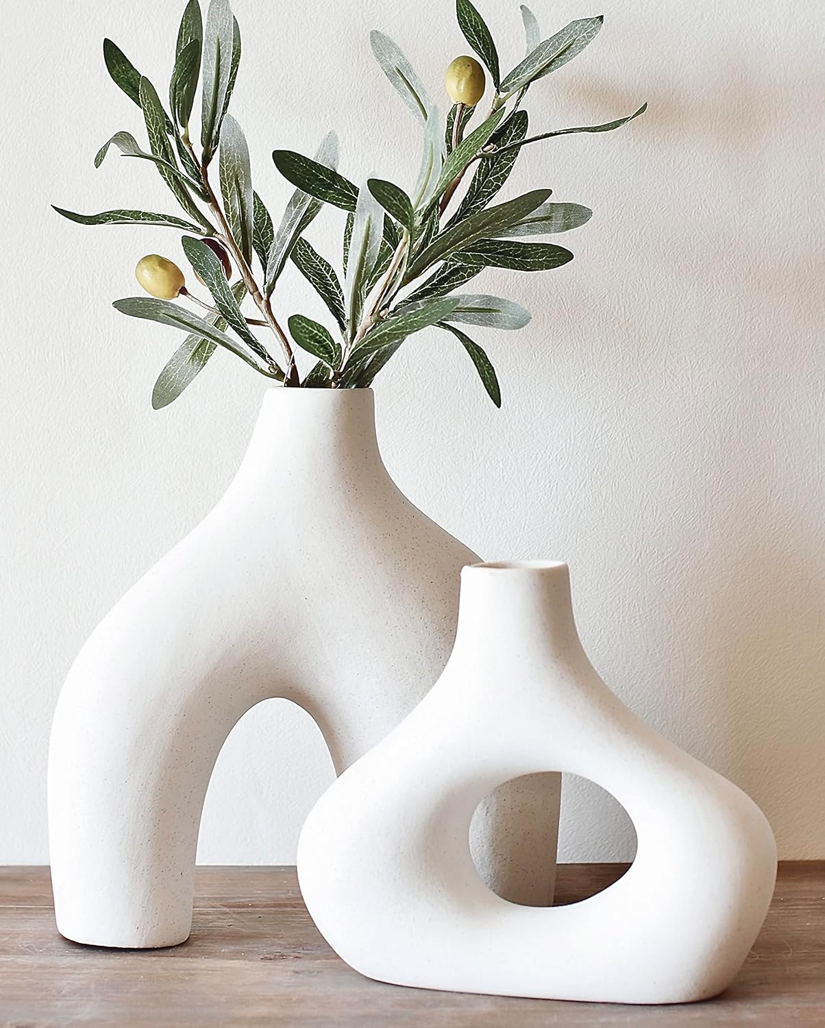 Carrot's Den Donut Vase, Set of 2 - Minimalist Nordic, White Ceramic Hollow Donut Vase Decor | Table Centerpiece, Olive Plant, Wedding, Living Room, Bookshelf, Office, Modern Home, Entryway, Console-0