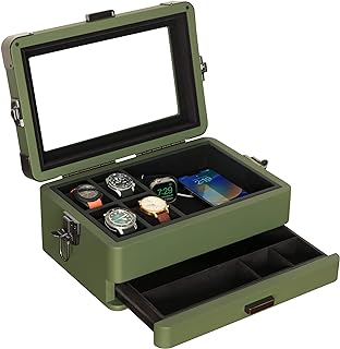 CASE ELEGANCE Military 10 Slot Watch Box Case Organizer for Men, Real Glass Top, Modular Valet Tray, Apple Watch Compatible with Apple Watch Stand, Accessory Drawer, Watch Pillow Stands