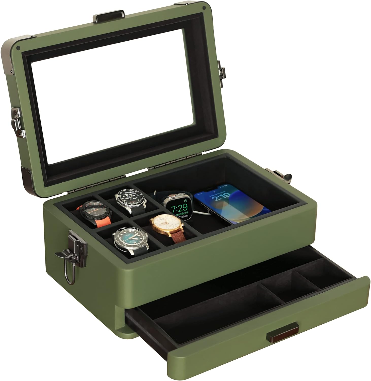 CASE ELEGANCE Military 10 Slot Watch Box Case Organizer for Men, Real Glass Top, Modular Valet Tray, Apple Watch Compatible with Apple Watch Stand, Accessory Drawer, Watch Pillow Stands-0