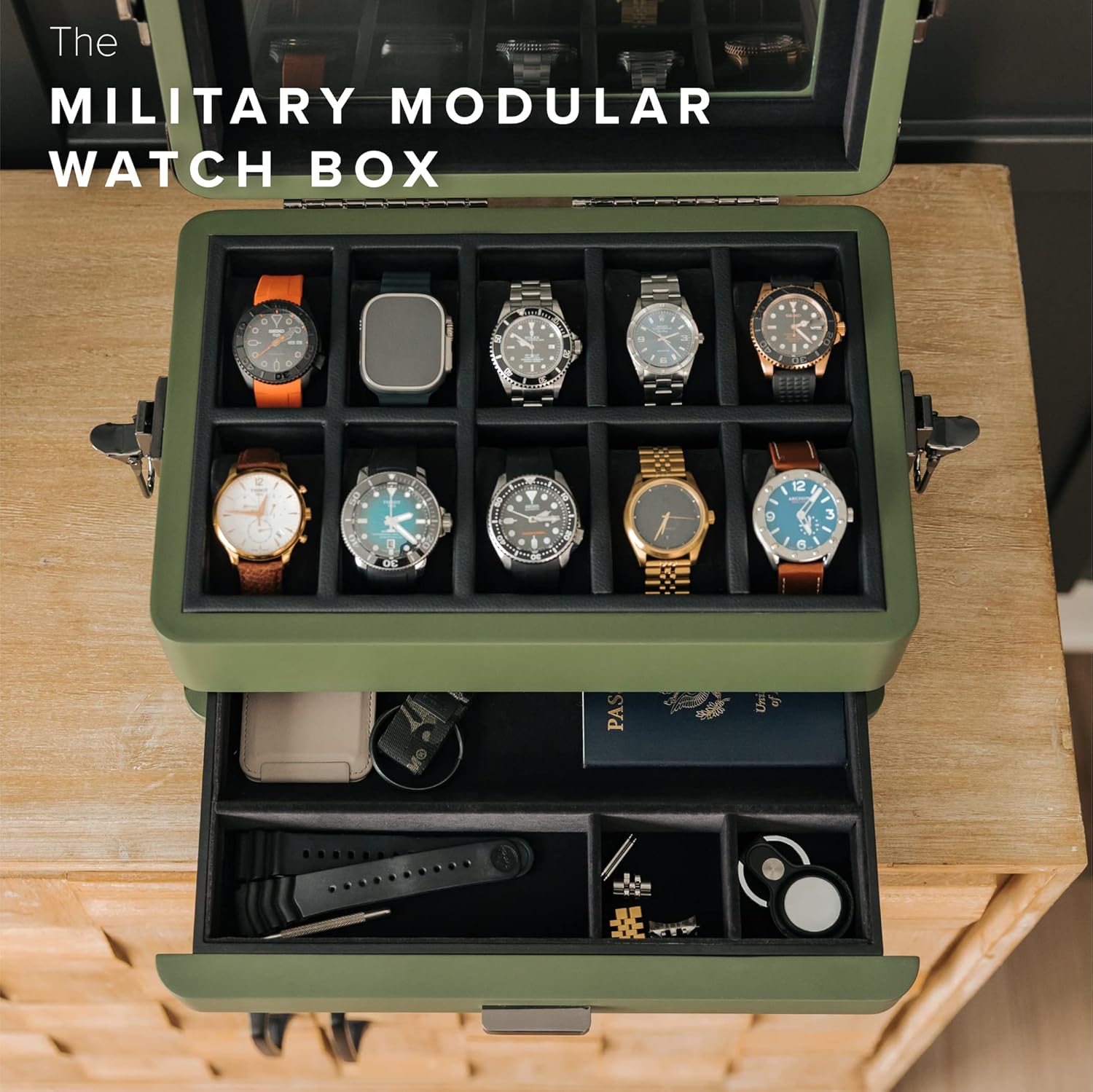 CASE ELEGANCE Military 10 Slot Watch Box Case Organizer for Men, Real Glass Top, Modular Valet Tray, Apple Watch Compatible with Apple Watch Stand, Accessory Drawer, Watch Pillow Stands-1