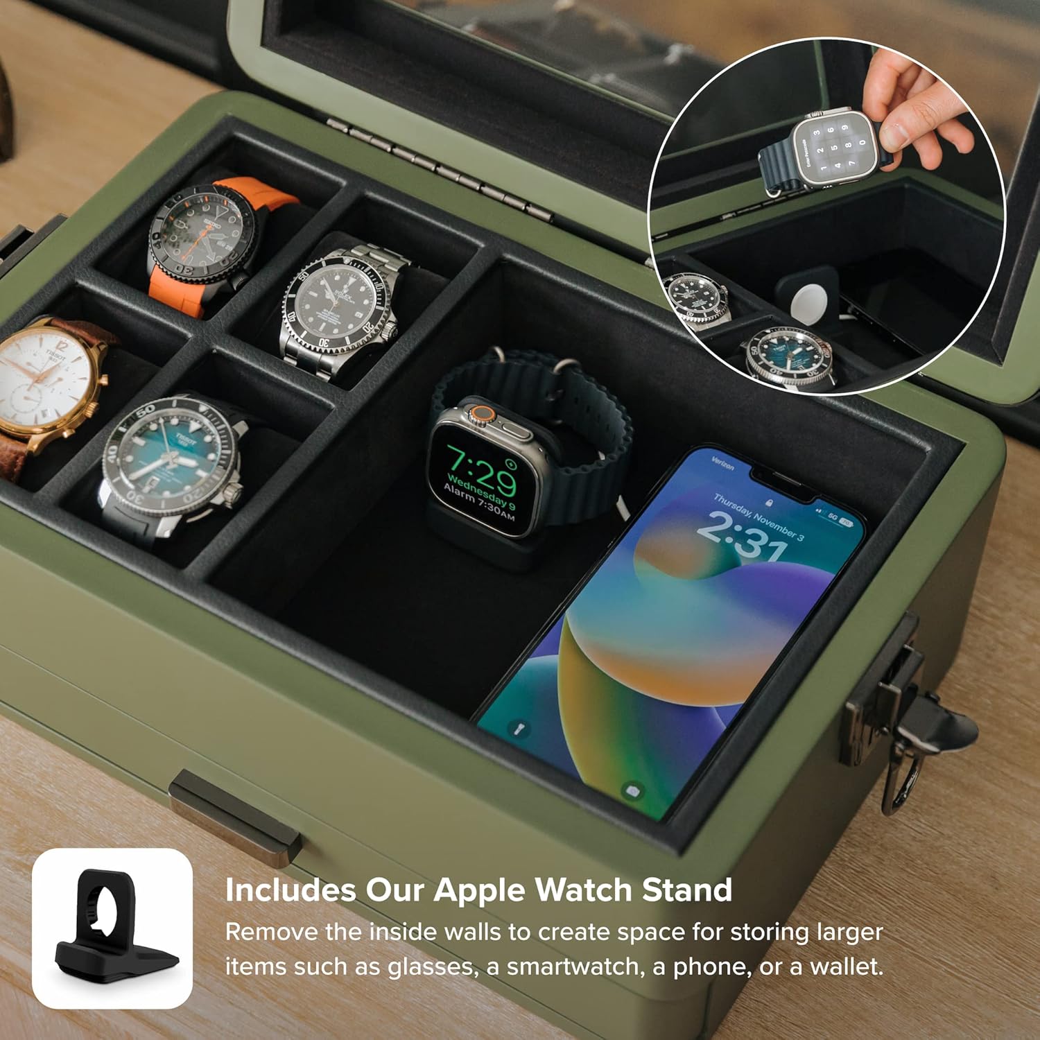 CASE ELEGANCE Military 10 Slot Watch Box Case Organizer for Men, Real Glass Top, Modular Valet Tray, Apple Watch Compatible with Apple Watch Stand, Accessory Drawer, Watch Pillow Stands-3