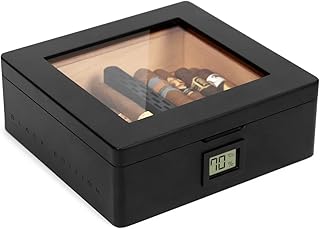 CASE ELEGANCE MAG Humidor, Glass Top with Magnetic Seal, Storage for 20-30 Cigars, Matte Black with Custom Polished Black Hardware, Digital Hygrometer, Spanish Cedar, New Hydro Channel