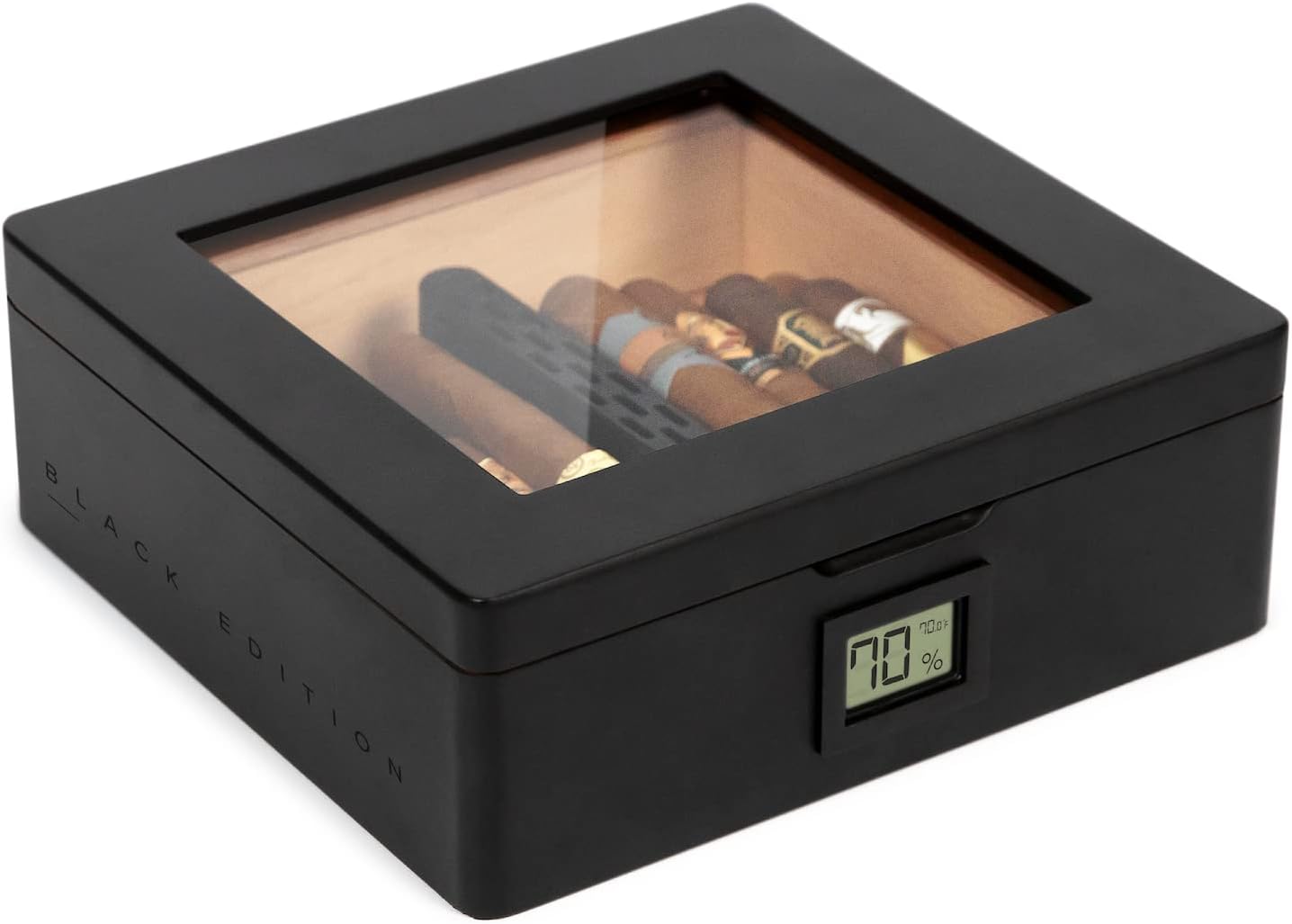 CASE ELEGANCE MAG Humidor, Glass Top with Magnetic Seal, Storage for 20-30 Cigars, Matte Black with Custom Polished Black Hardware, Digital Hygrometer, Spanish Cedar, New Hydro Channel-0