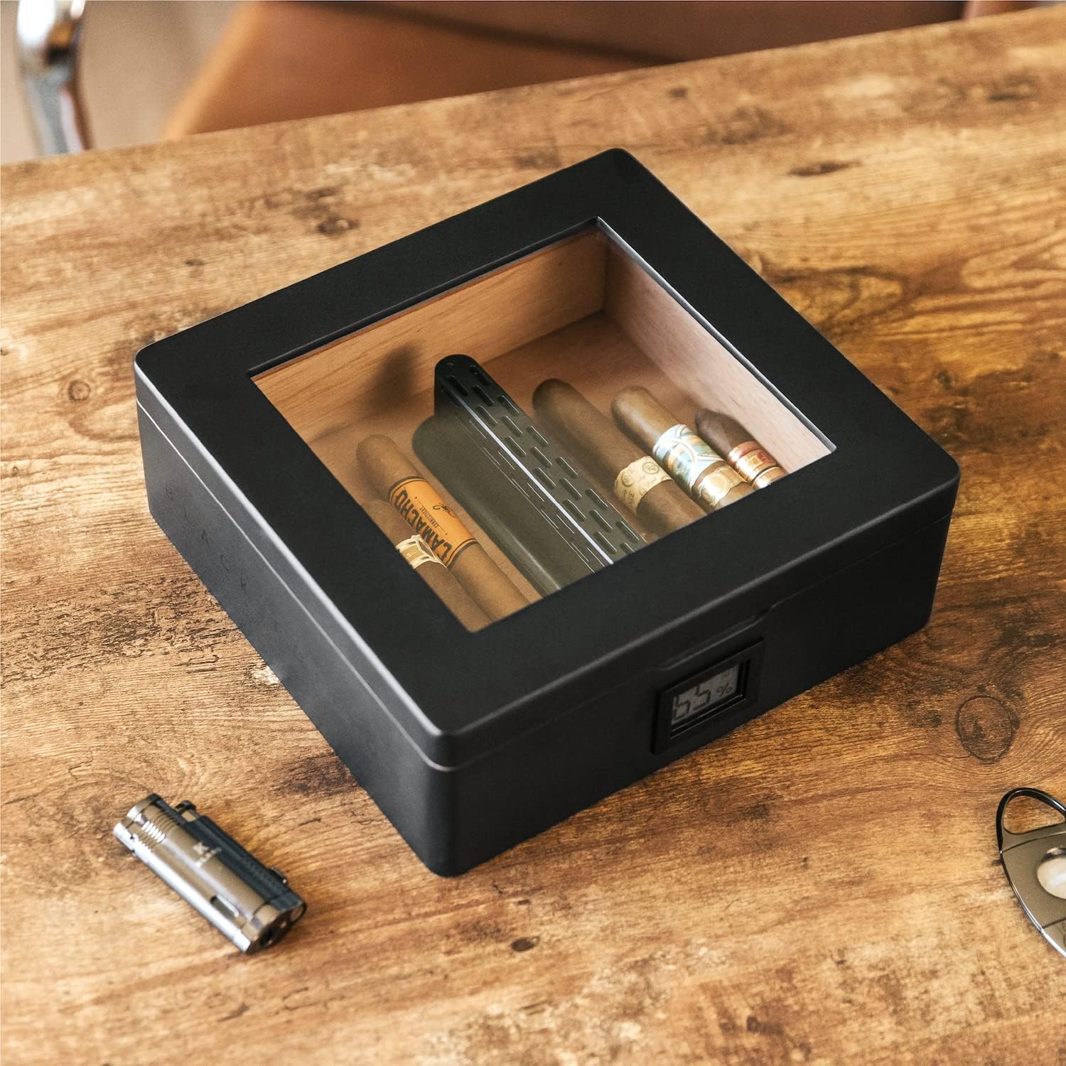 CASE ELEGANCE MAG Humidor, Glass Top with Magnetic Seal, Storage for 20-30 Cigars, Matte Black with Custom Polished Black Hardware, Digital Hygrometer, Spanish Cedar, New Hydro Channel-4