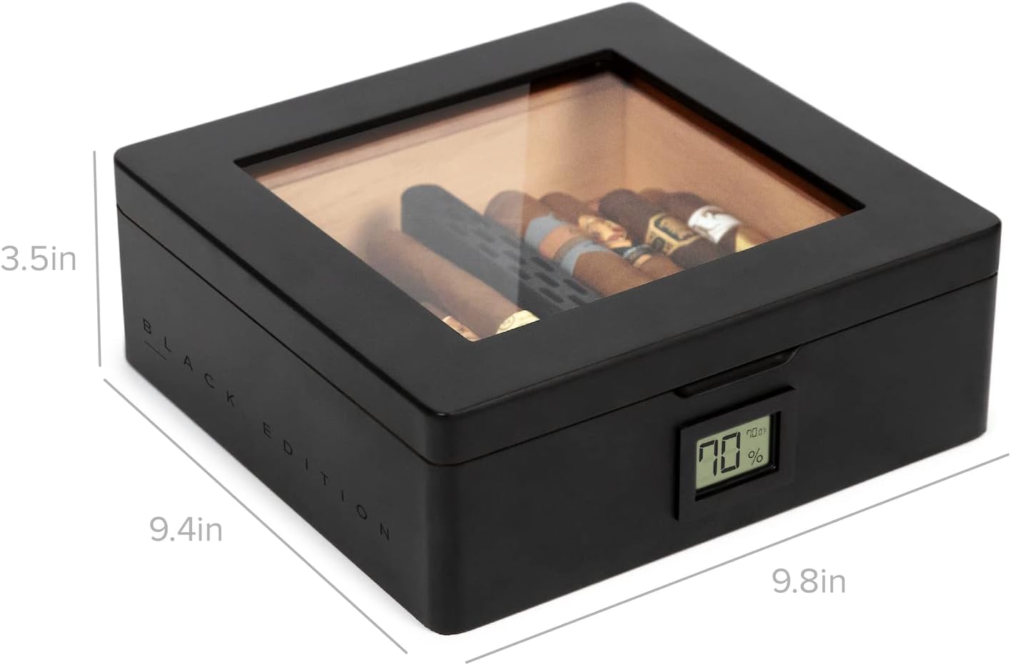 CASE ELEGANCE MAG Humidor, Glass Top with Magnetic Seal, Storage for 20-30 Cigars, Matte Black with Custom Polished Black Hardware, Digital Hygrometer, Spanish Cedar, New Hydro Channel-7