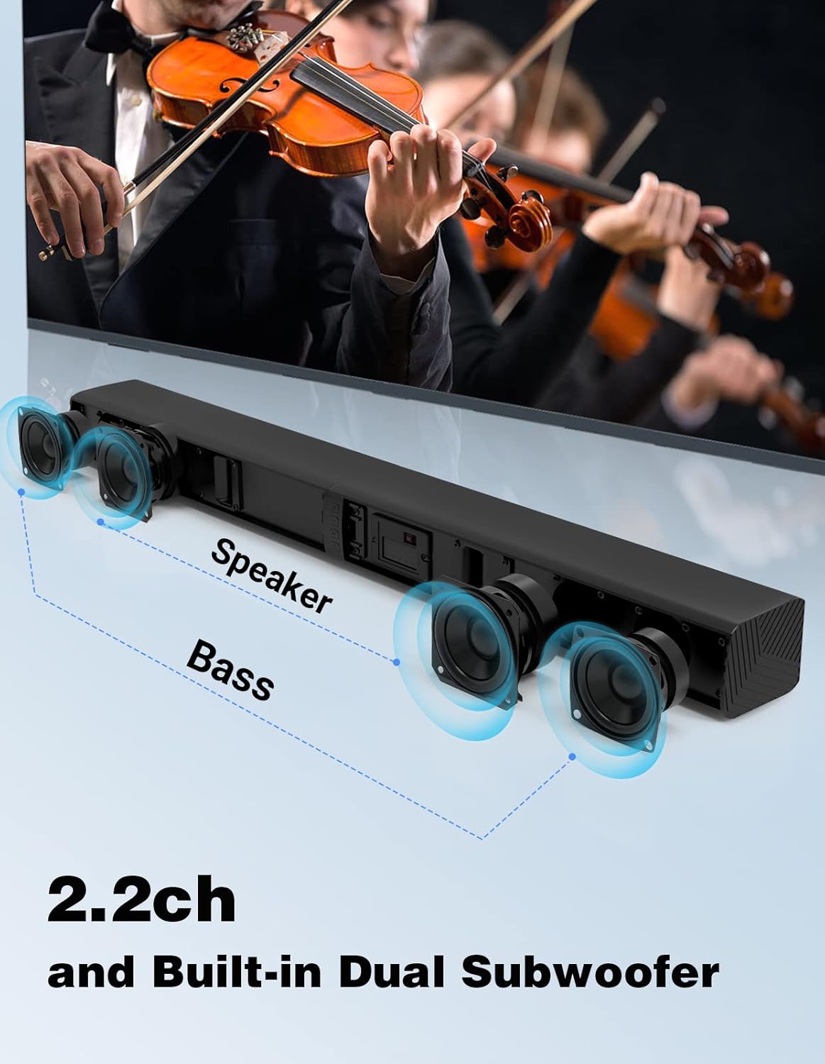 2 in 1 Separable Sound Bar for Smart TV, 2.2 Channel 32Inch Bluetooth 5.0 TV Speaker for Surround Sound System, Built-in Dual Subwoofer, Bass Adjustable, Remote Control Included(Sound Bar)-2