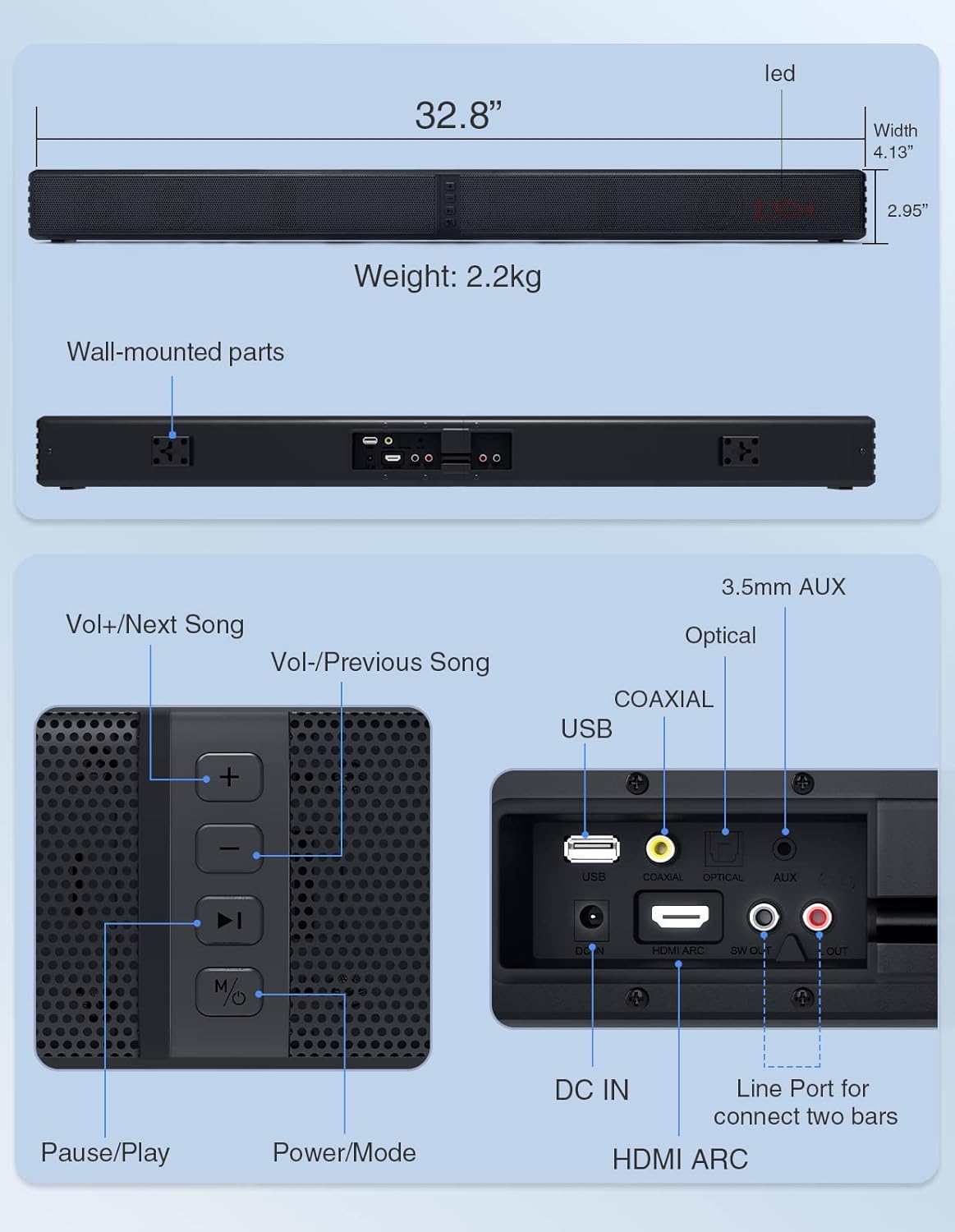 2 in 1 Separable Sound Bar for Smart TV, 2.2 Channel 32Inch Bluetooth 5.0 TV Speaker for Surround Sound System, Built-in Dual Subwoofer, Bass Adjustable, Remote Control Included(Sound Bar)-7