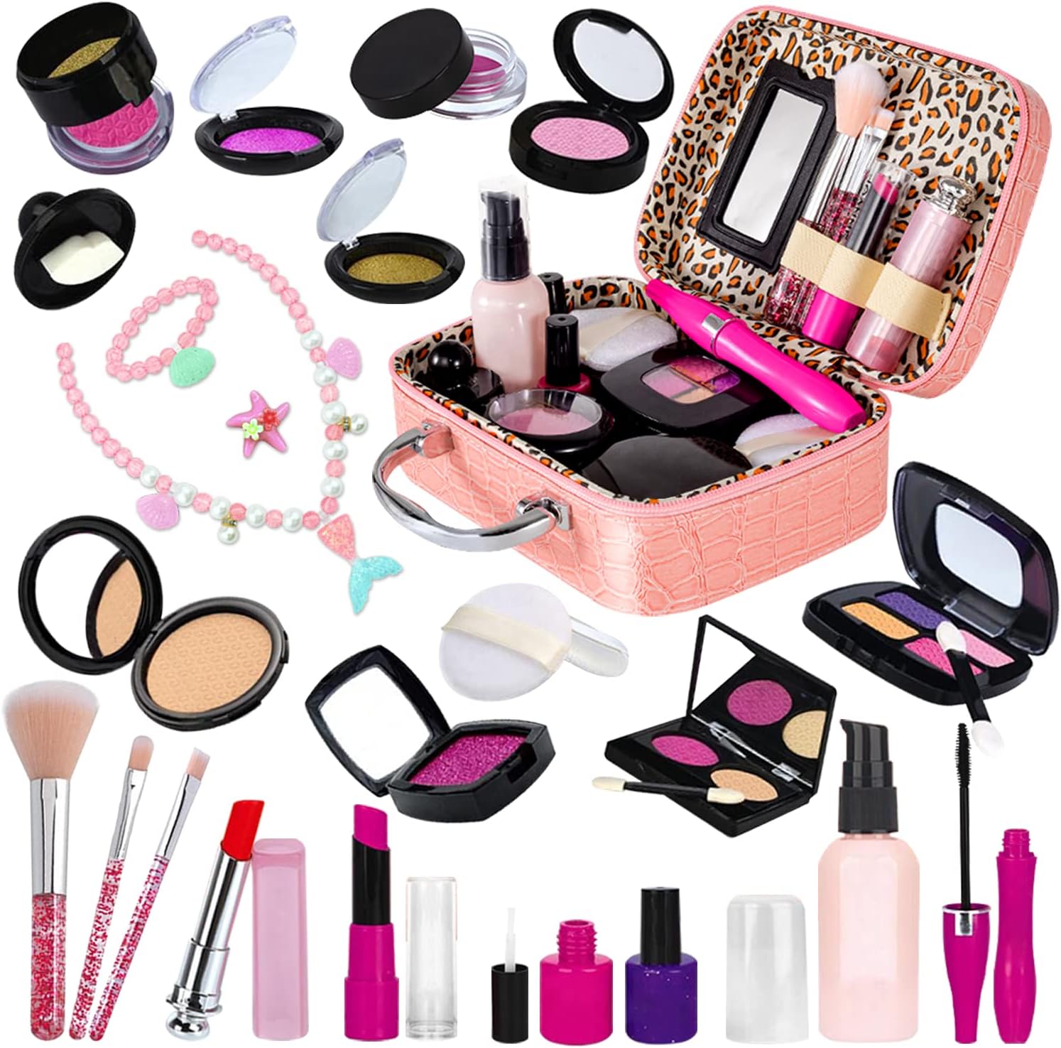 Pretend Makeup Kit for Toddlers Girls, Kids Pretend Play Makeup Set for Little Girls, Fake Toy Makeup Set with Cosmetic Case & Jewelry Set, Present Gift for Kids Girls Age 3 4 5+ ( Fake Makeup )-0