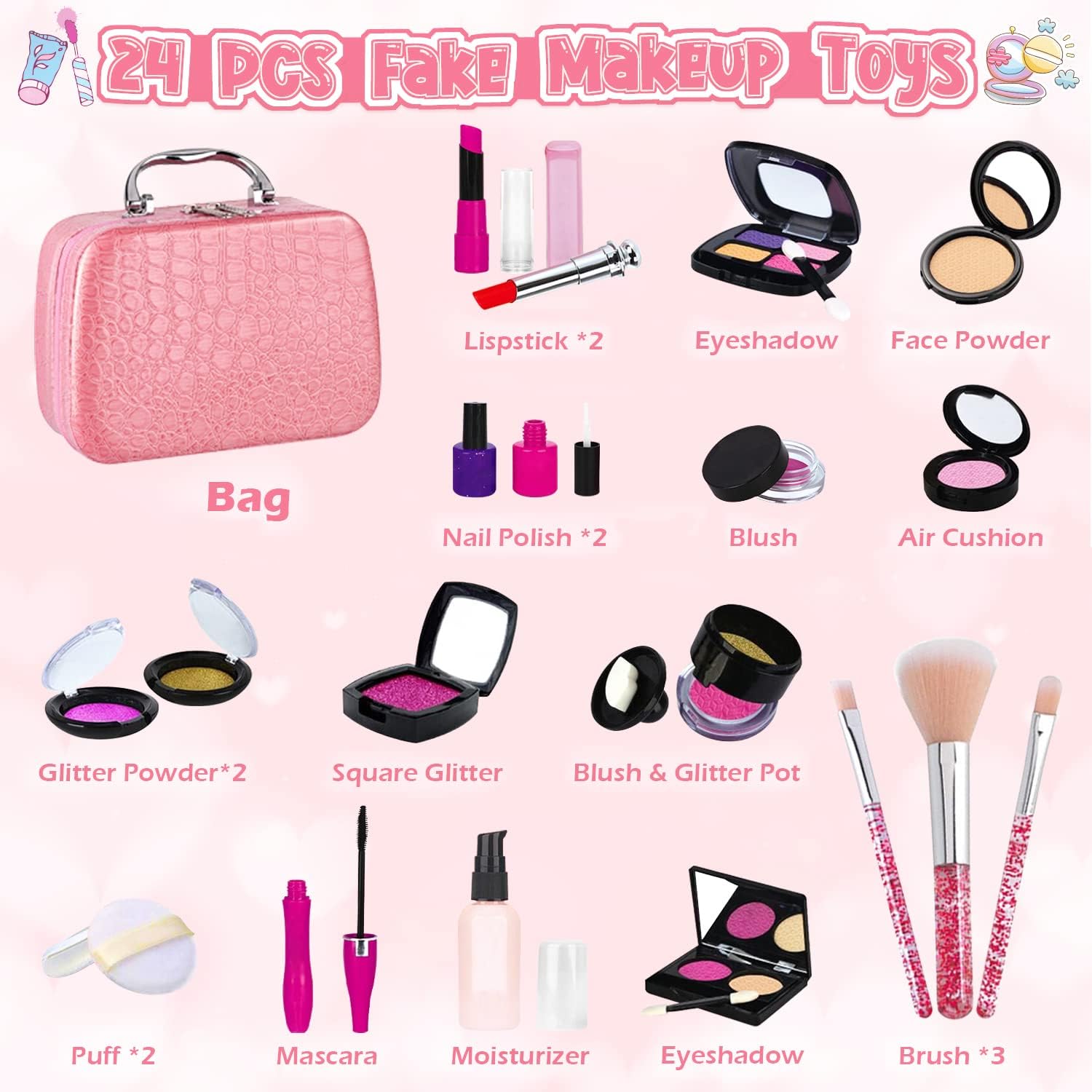 Pretend Makeup Kit for Toddlers Girls, Kids Pretend Play Makeup Set for Little Girls, Fake Toy Makeup Set with Cosmetic Case & Jewelry Set, Present Gift for Kids Girls Age 3 4 5+ ( Fake Makeup )-1