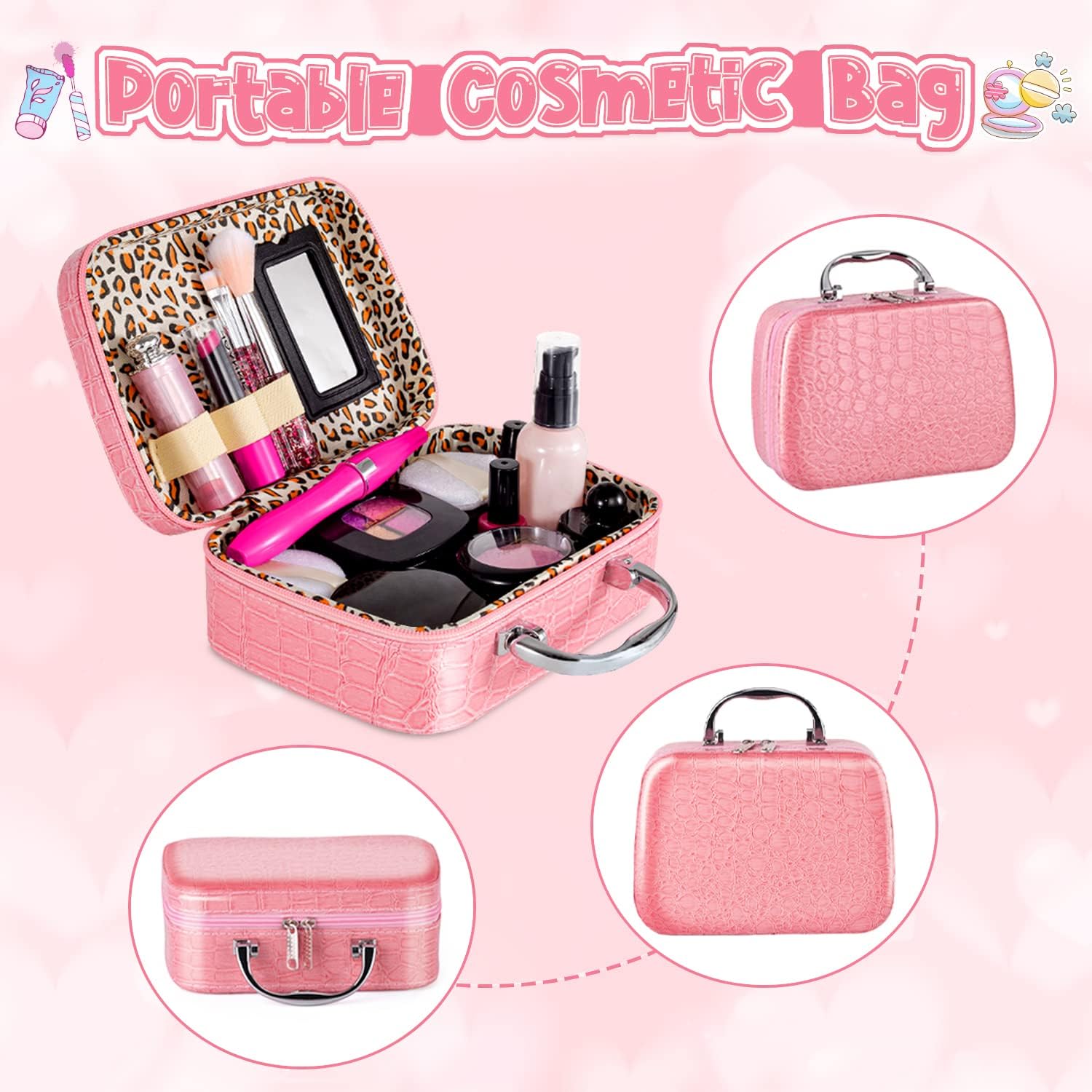 Pretend Makeup Kit for Toddlers Girls, Kids Pretend Play Makeup Set for Little Girls, Fake Toy Makeup Set with Cosmetic Case & Jewelry Set, Present Gift for Kids Girls Age 3 4 5+ ( Fake Makeup )-2