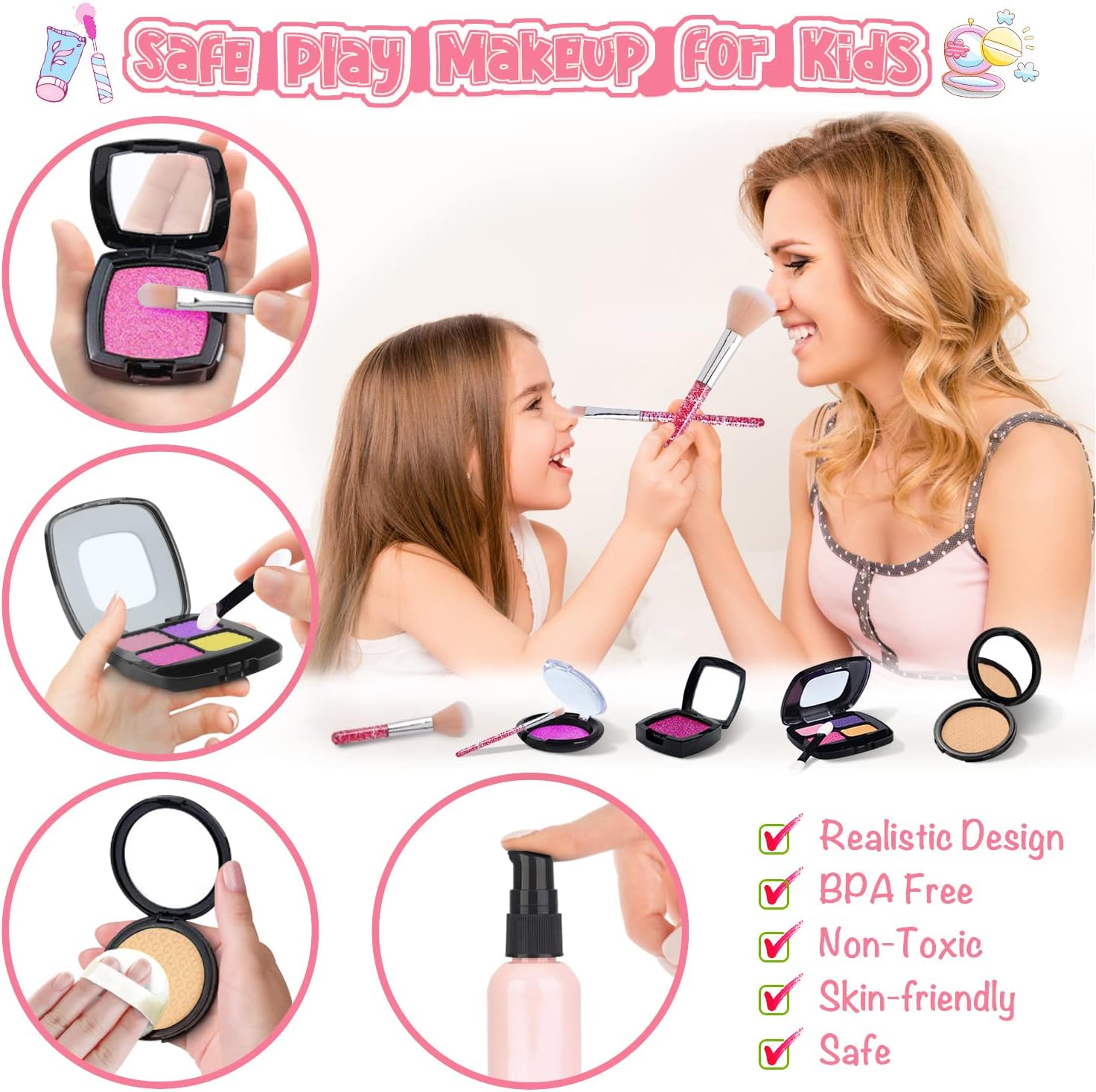 Pretend Makeup Kit for Toddlers Girls, Kids Pretend Play Makeup Set for Little Girls, Fake Toy Makeup Set with Cosmetic Case & Jewelry Set, Present Gift for Kids Girls Age 3 4 5+ ( Fake Makeup )-4