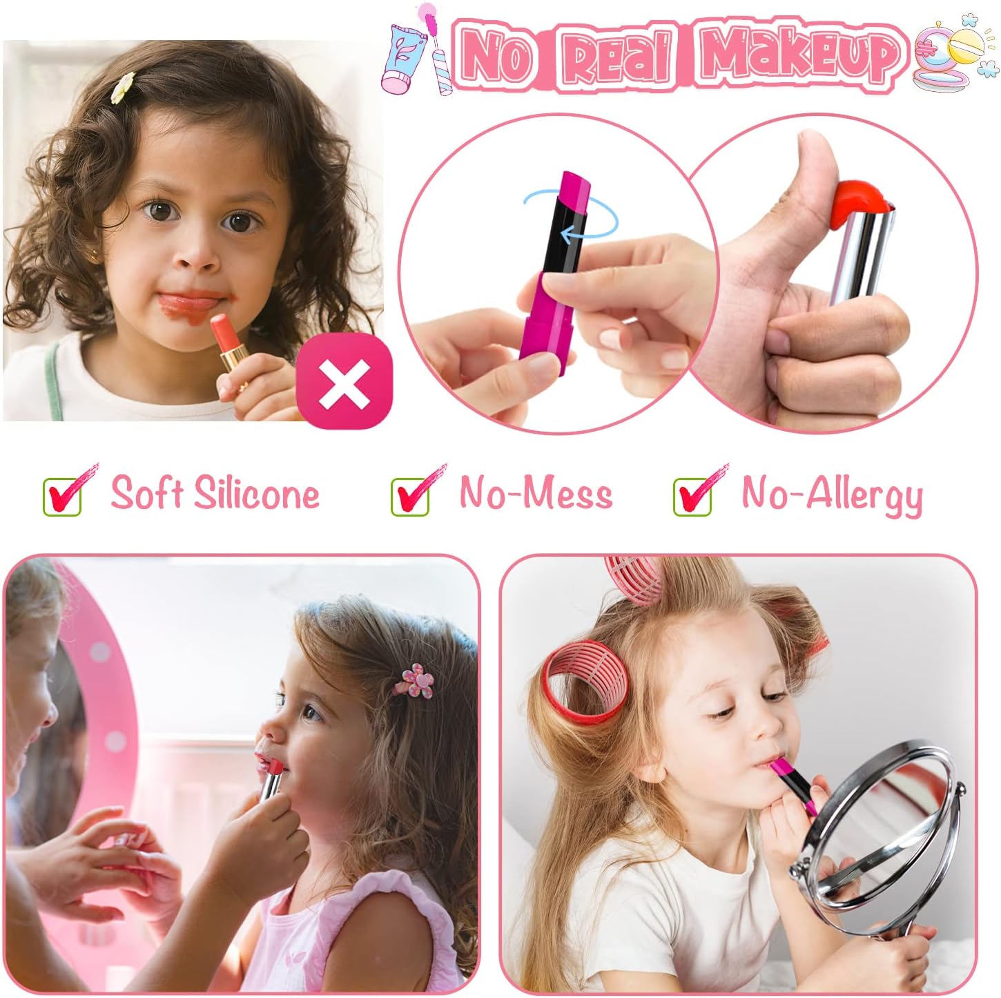 Pretend Makeup Kit for Toddlers Girls, Kids Pretend Play Makeup Set for Little Girls, Fake Toy Makeup Set with Cosmetic Case & Jewelry Set, Present Gift for Kids Girls Age 3 4 5+ ( Fake Makeup )-5