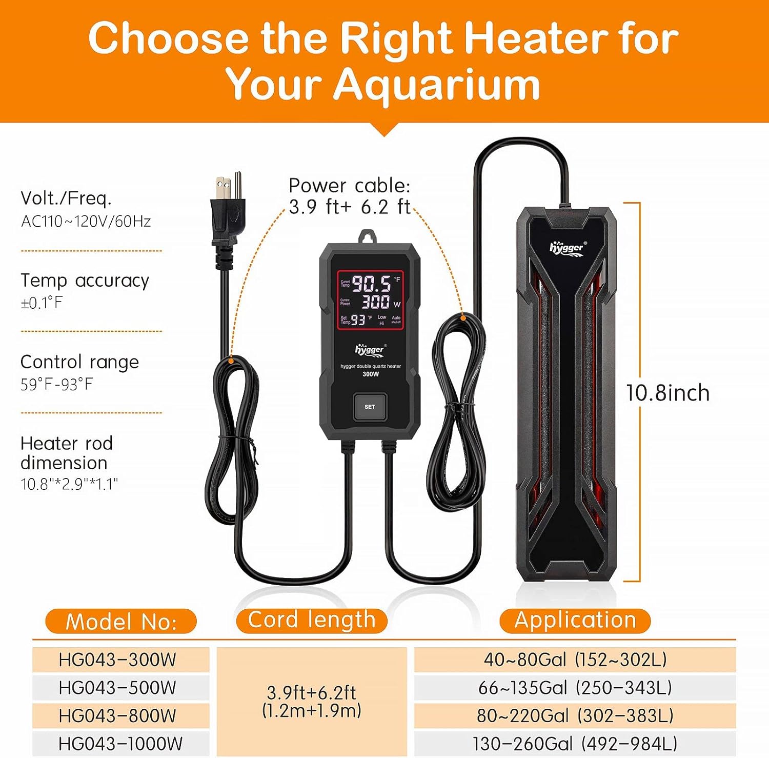 hygger Aquarium Heater 300W/500W/800W/1000W, Submersible Fish Tank Heater with Digital LED Controller and Intelligent Leaving Water Automatically Stop Heating System, for Freshwater and Saltwater-4