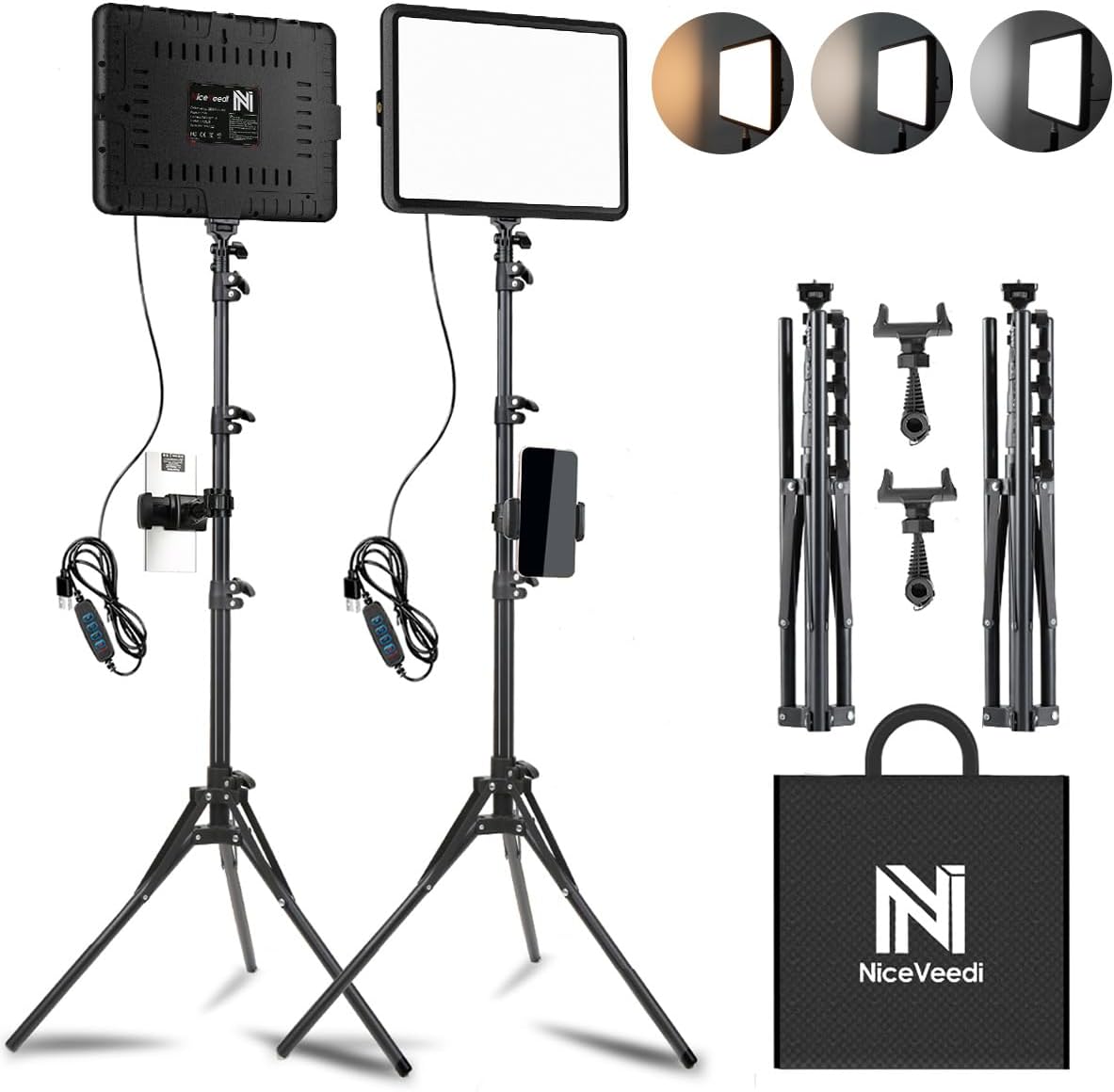 2-Pack LED Video Light Kit, NiceVeedi Studio Light, 2800-6500K Dimmable Photography Lighting Kit with Tripod Stand&Phone Holder, 73" Stream Light for Video Recording, Game Streaming, YouTube…-0