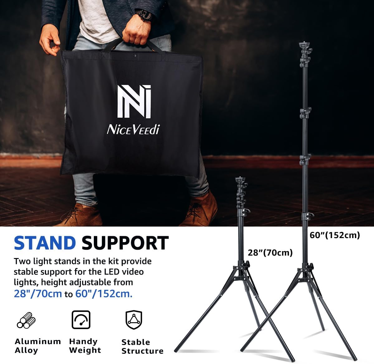 2-Pack LED Video Light Kit, NiceVeedi Studio Light, 2800-6500K Dimmable Photography Lighting Kit with Tripod Stand&Phone Holder, 73" Stream Light for Video Recording, Game Streaming, YouTube…-6