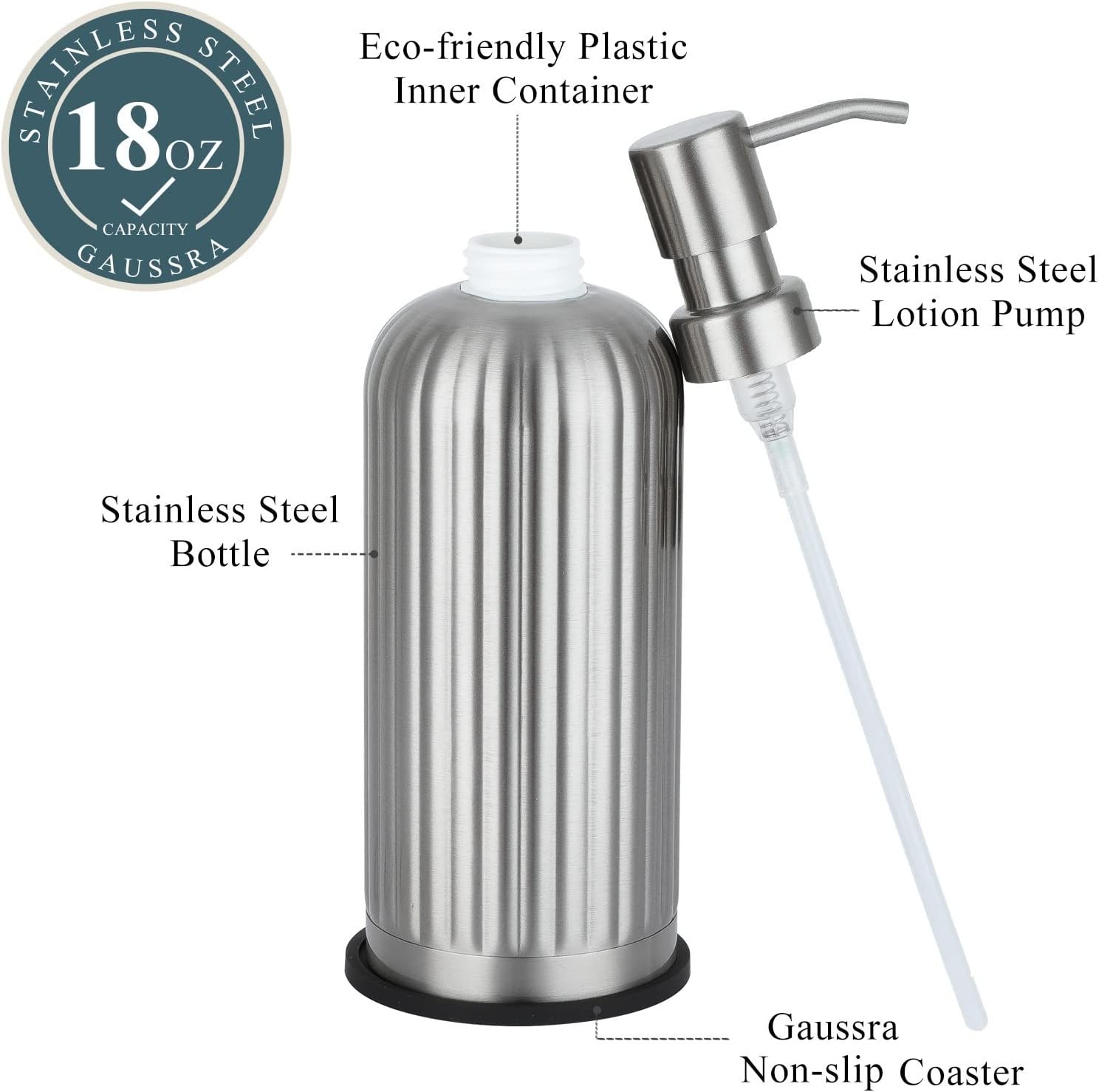 18 Oz Vertical Stripe Soap Dispenser with Coaster - Brushed Nickel, Refillable Liquid Hand Soap Dispenser for Bathroom, Premium Kitchen Stainless Steel-2