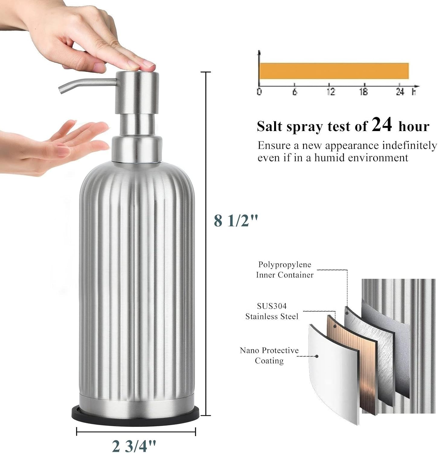 18 Oz Vertical Stripe Soap Dispenser with Coaster - Brushed Nickel, Refillable Liquid Hand Soap Dispenser for Bathroom, Premium Kitchen Stainless Steel-3