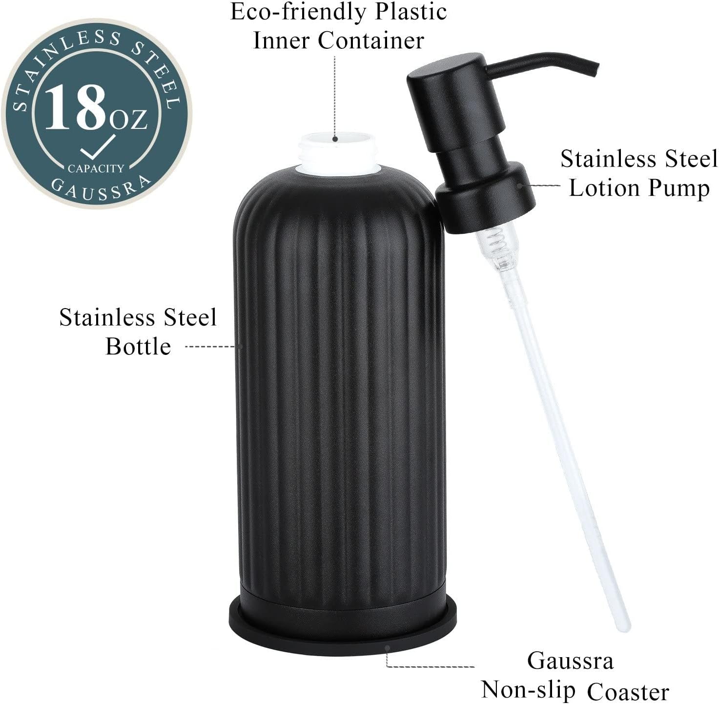 18 Oz Vertical Stripe Soap Dispenser with Coaster - Matte Black, Refillable Liquid Hand Soap Dispenser for Bathroom, Premium Kitchen Stainless Steel Soap Dispenser-2