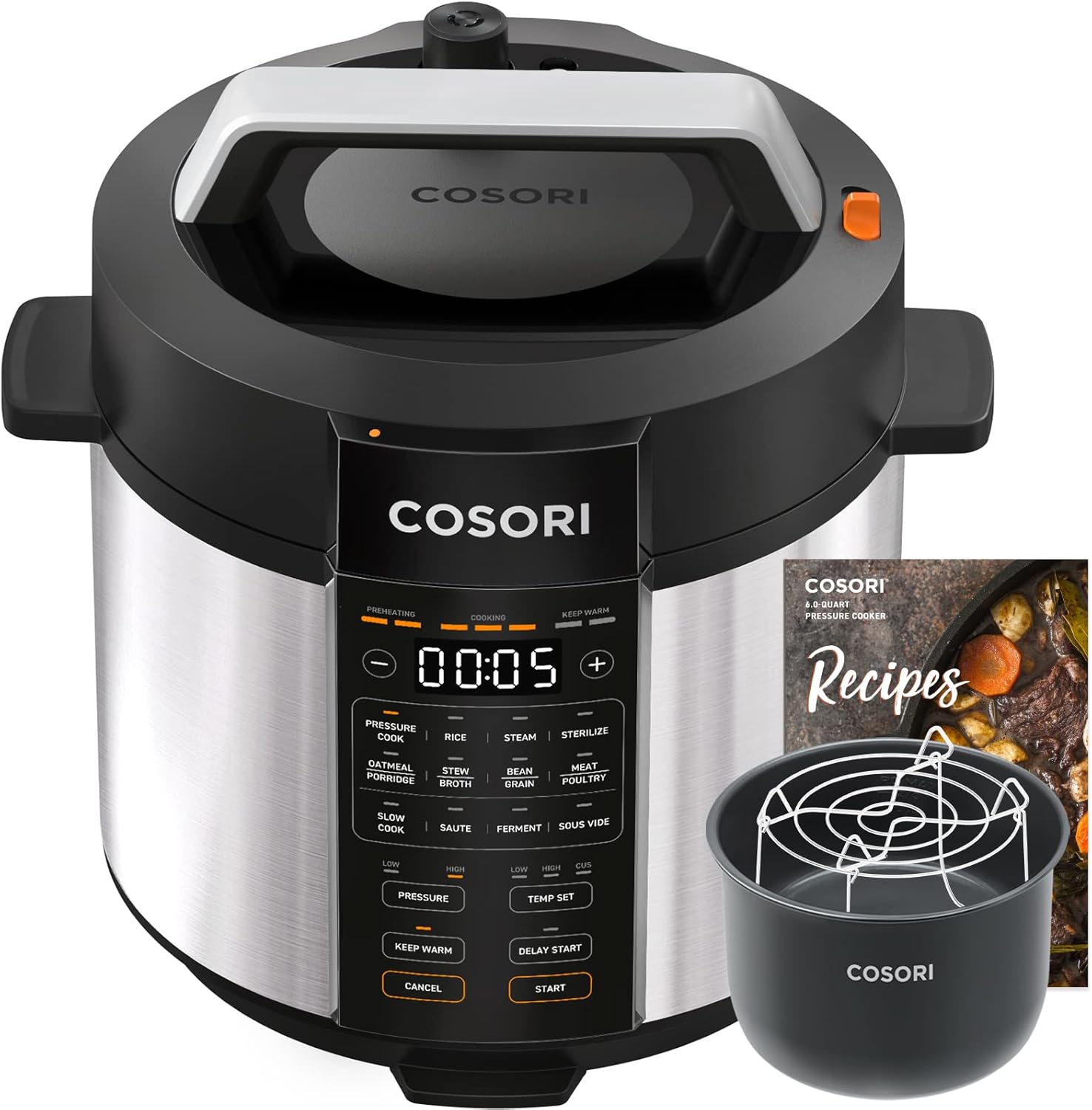 COSORI Electric Pressure Cooker 6 qt, 9-in-1 Instant Multi Cooker with Safer Venting Design, Rice Cooker, Slow Cooker, Sous Vide, Saute Pot, 1100W, Stainless Steel-0