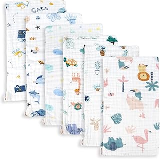 Maliton Muslin Baby Burp Cloths 6 Pack Large 20''x10'' 100% Cotton Burp Rags Absorbent and Soft 6 Layers Muslin Cloth Baby Essentials for Newborn(Animals and Cars, Pack of 6)