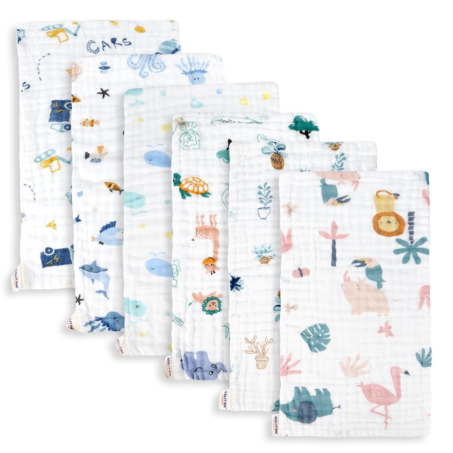 Maliton Muslin Baby Burp Cloths 6 Pack Large 20''x10'' 100% Cotton Burp Rags Absorbent and Soft 6 Layers Muslin Cloth Baby Essentials for Newborn(Animals and Cars, Pack of 6)-0