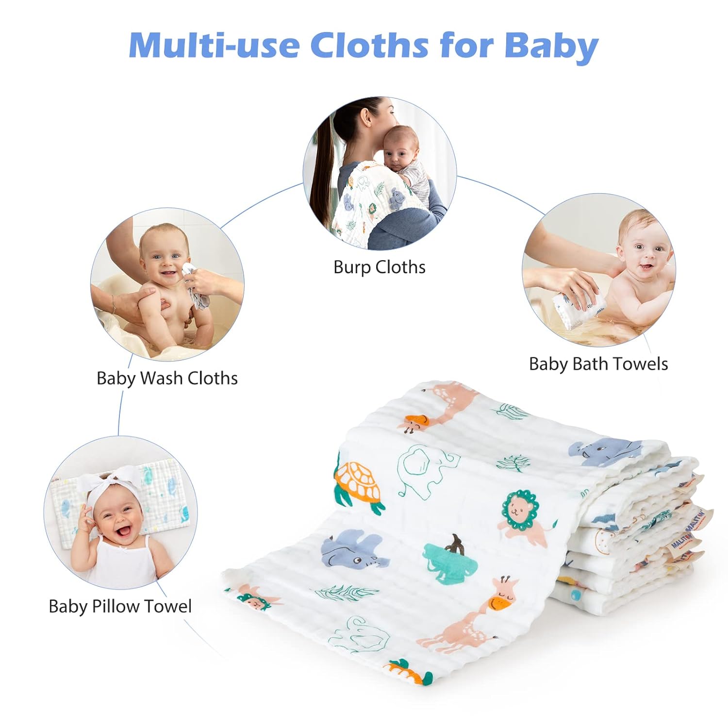 Maliton Muslin Baby Burp Cloths 6 Pack Large 20''x10'' 100% Cotton Burp Rags Absorbent and Soft 6 Layers Muslin Cloth Baby Essentials for Newborn(Animals and Cars, Pack of 6)-7