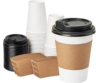 RACETOP [50 pack] 12 oz Disposable Paper Cups with Lids and Sleeves, Ideal for Hot Beverages