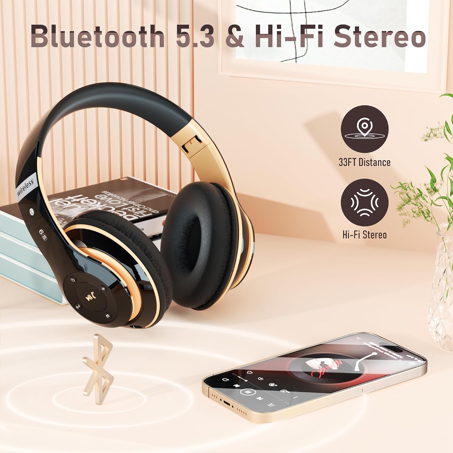 Bluetooth Headphones Over Ear, 6S Wireless Headphones Wired with 6 EQ Modes, 40 Hours Playtime Foldable HiFi Stereo Headset with Microphone, FM/TF for Cellphone/PC/Work (Black & Gold)-5