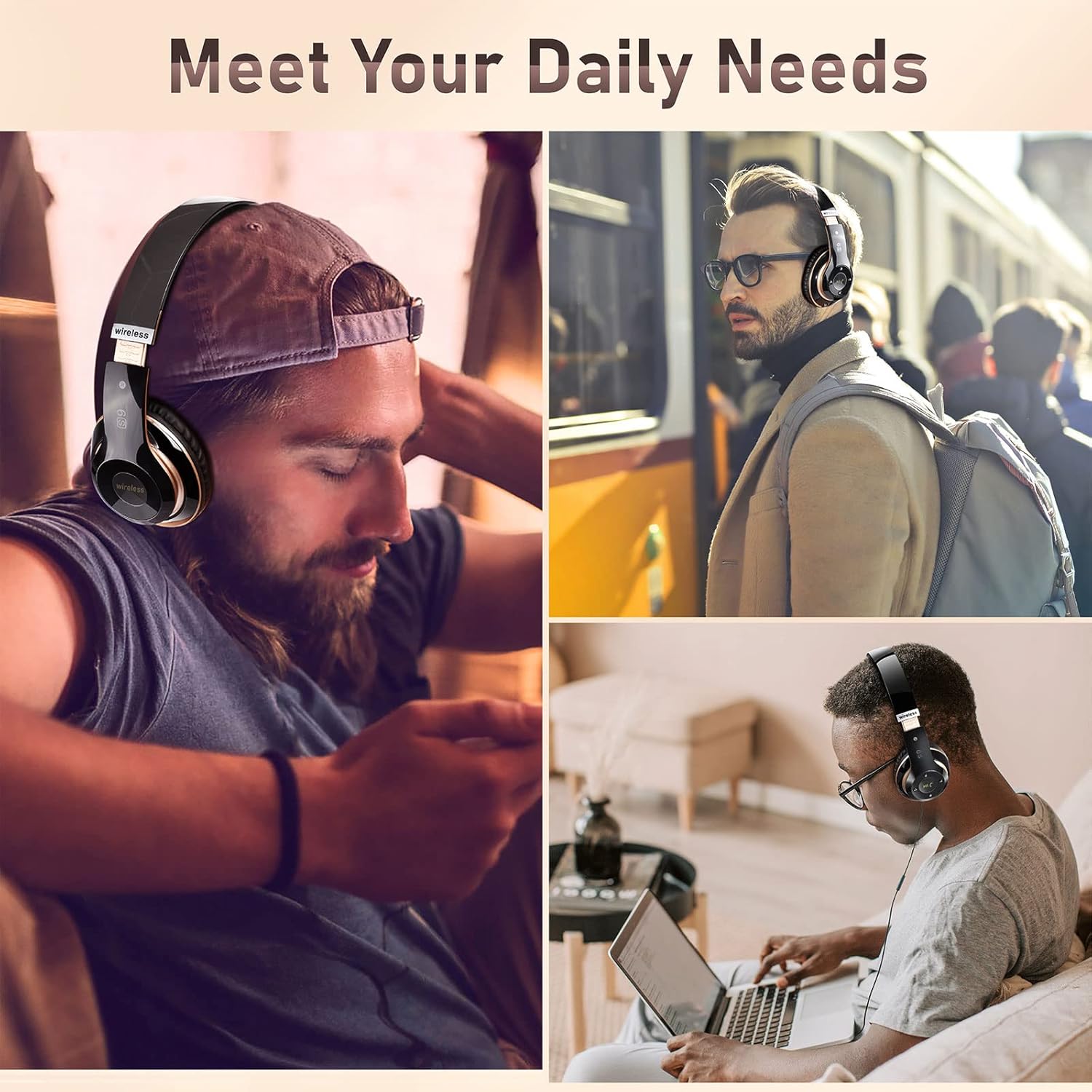 Bluetooth Headphones Over Ear, 6S Wireless Headphones Wired with 6 EQ Modes, 40 Hours Playtime Foldable HiFi Stereo Headset with Microphone, FM/TF for Cellphone/PC/Work (Black & Gold)-6