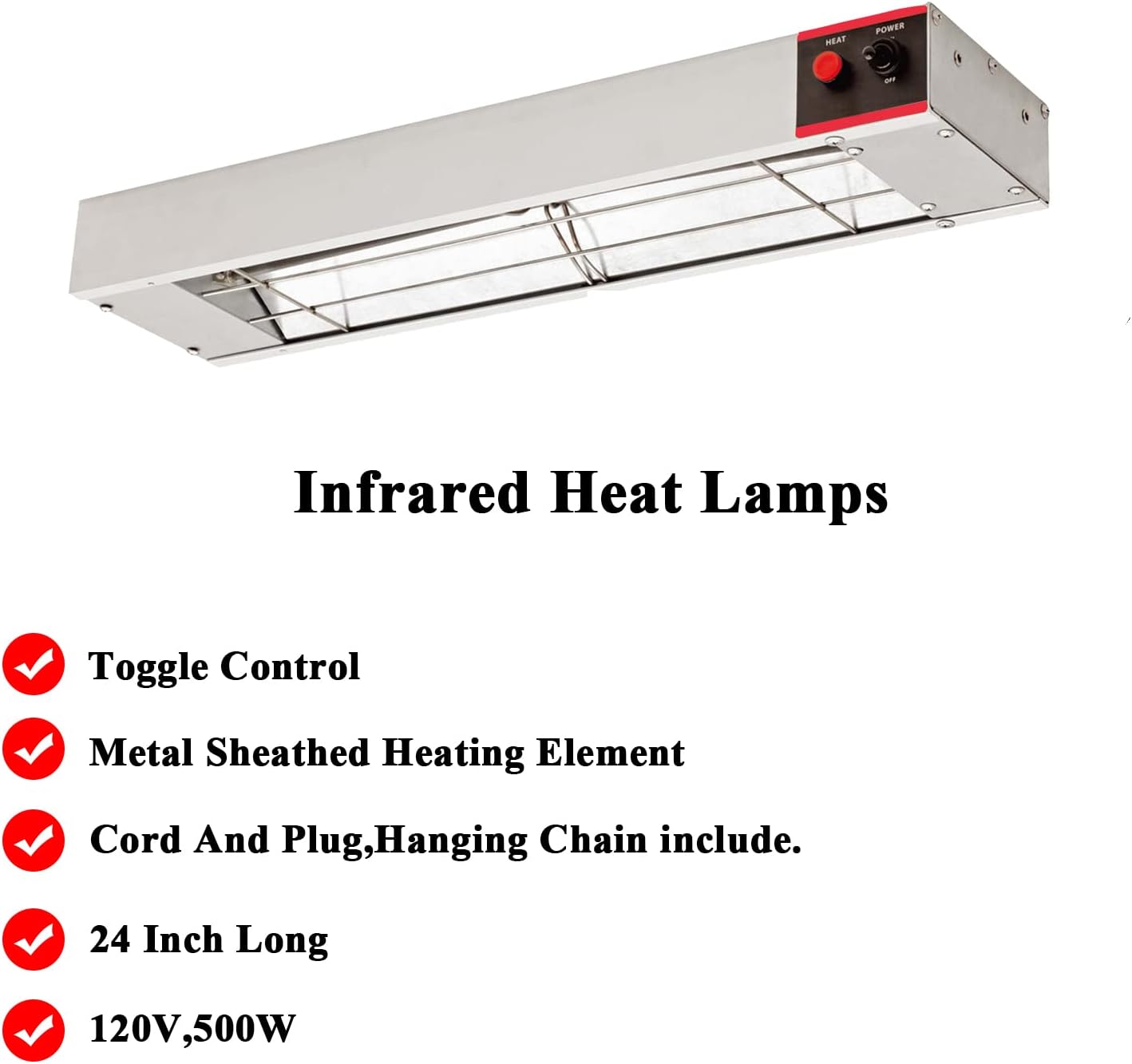 24 Inch Food Heat Lamp Commercial Food Warmer Overhead Strip Warmer 500 Watts with Chain and Us Plug,110v (24")-1