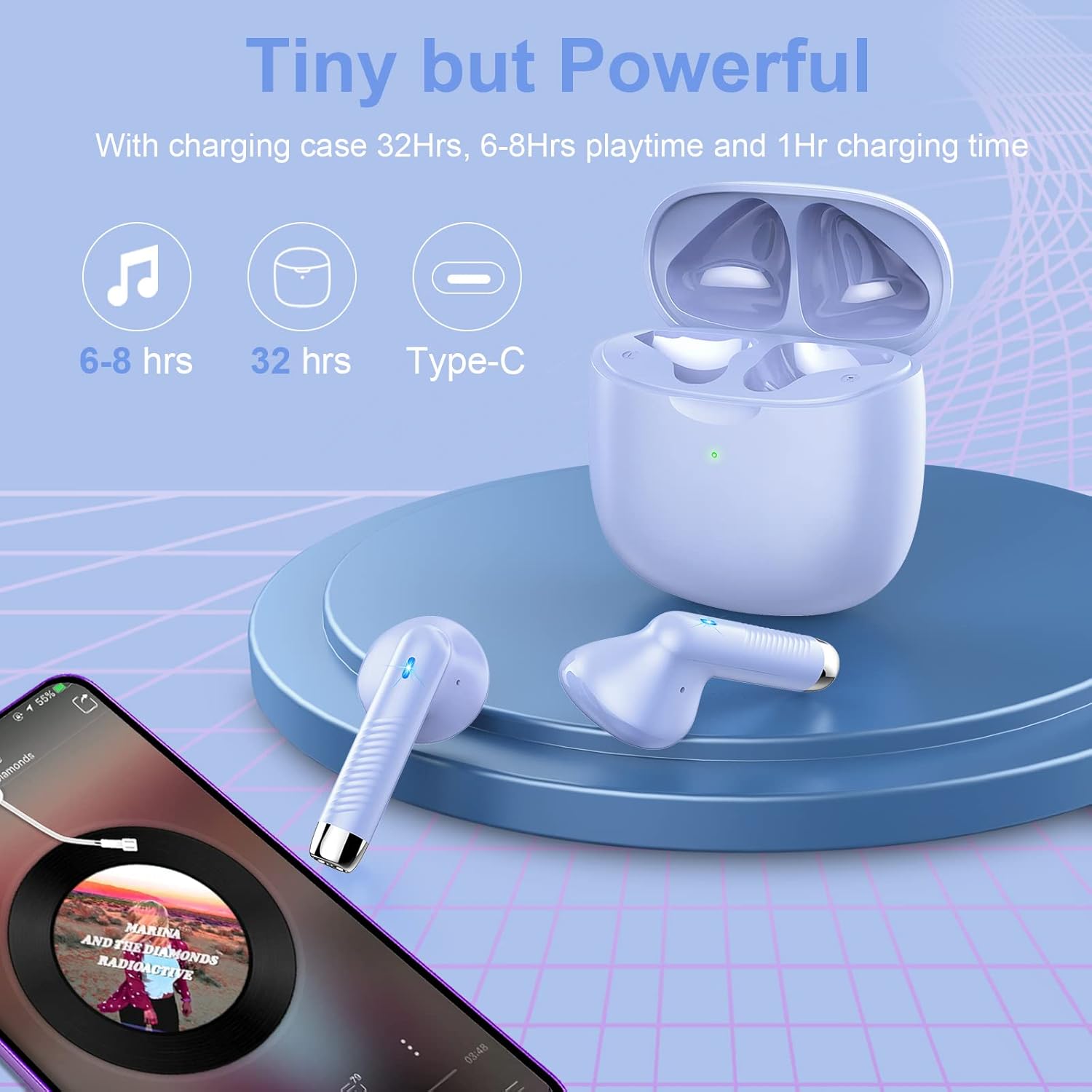 Wireless Earbuds, Bluetooth 5.3 Headphones in Ear with Noise Cancelling Mic, Earbuds Stereo Bass, IP7 Waterproof Sports Earphones, 32H Playtime USB C Charging Ear Buds Purple for Android iOS-6