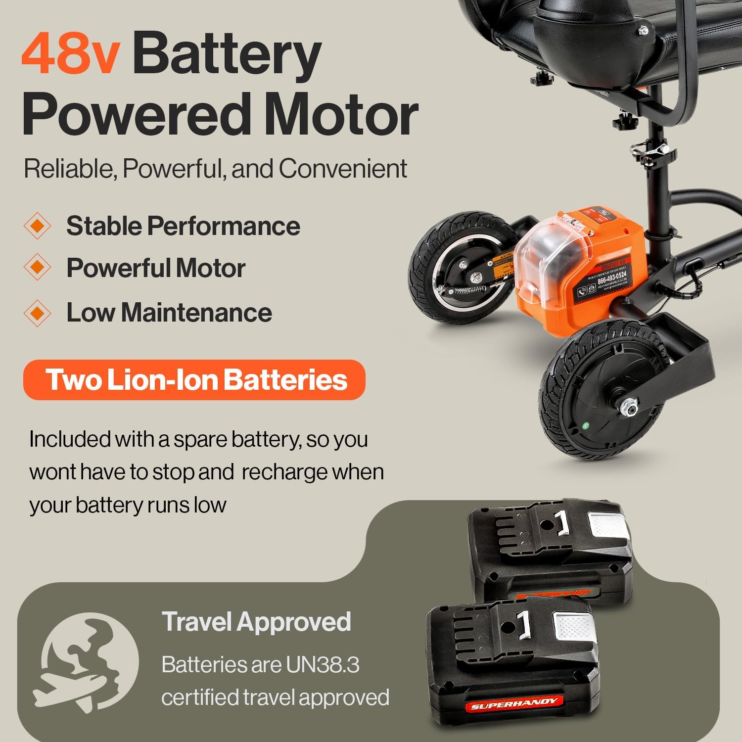 SuperHandy Passport Plus Mobility Scooter - Foldable 3 Wheel, Aluminum Frame, Airline Friendly, 11 Mile Range, 2 Removable 48V Lithium Batteries & Charger, Supports 330 Lbs-1