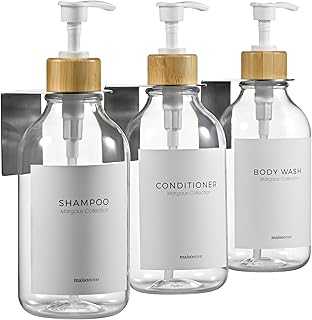 MAISONOVO Shampoo and Conditioner Dispenser - Shower Soap Dispenser Wall Mounted - 16.9 fl oz Set of 3 Clear Plastic Bottles White Bamboo Pump - Shampoo Dispenser, Shower Dispenser 3 Chamber No Drill