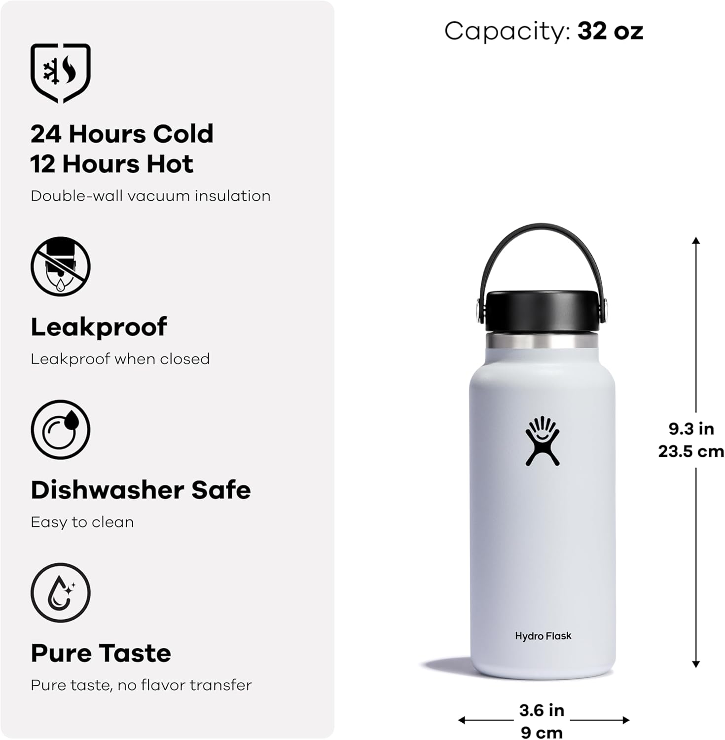 Hydro Flask Wide Mouth vacuum insulated stainless steel water bottle with leakproof closeable lid for cold water drinks, sports, travel, car and school-2