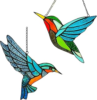 2 Pack Hummingbird Stained Glass Birds Window Hangings, Stained Glass Decorations,Bird Suncatcher for Window Decor Hummingbird Gifts for Mom,Bird Lovers