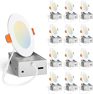 Amico 12 Pack 4 Inch 5CCT Ultra-Thin LED Recessed Dimmable Can/Ceiling Light with Junction Box, 2700K/3000K/3500K/4000K/5000K Selectable, 11W Eqv 70W, 800LM High Brightness Wafer Downlight - ETL&FCC