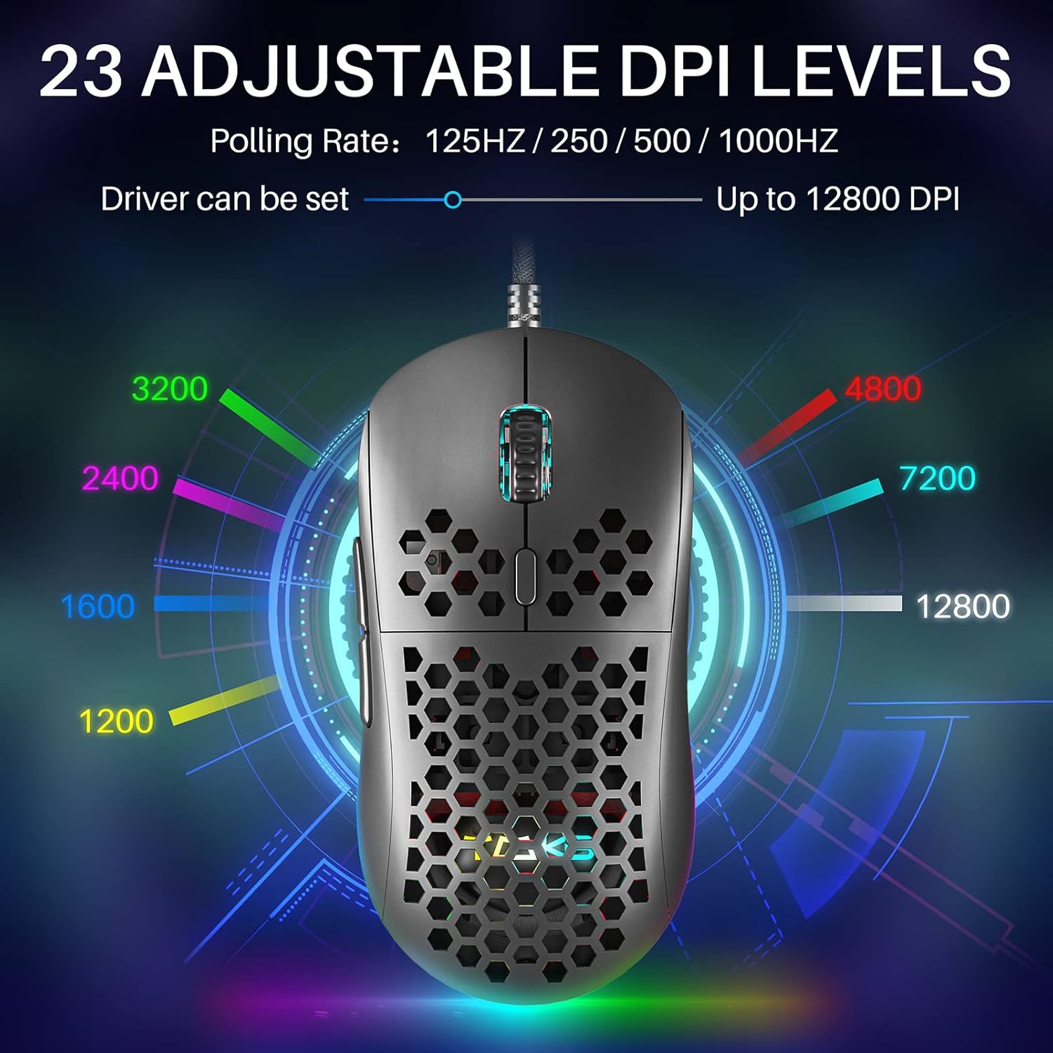 DIERYA M1SE Wired Gaming Mouse with Honeycomb Shell, 12800DPI Optical Sensor, 6 Programmable Macros, Software Support for Custom Key Config, and RGB Settings for Windows 7/8/10/XP, Vista, Linux-Black-1