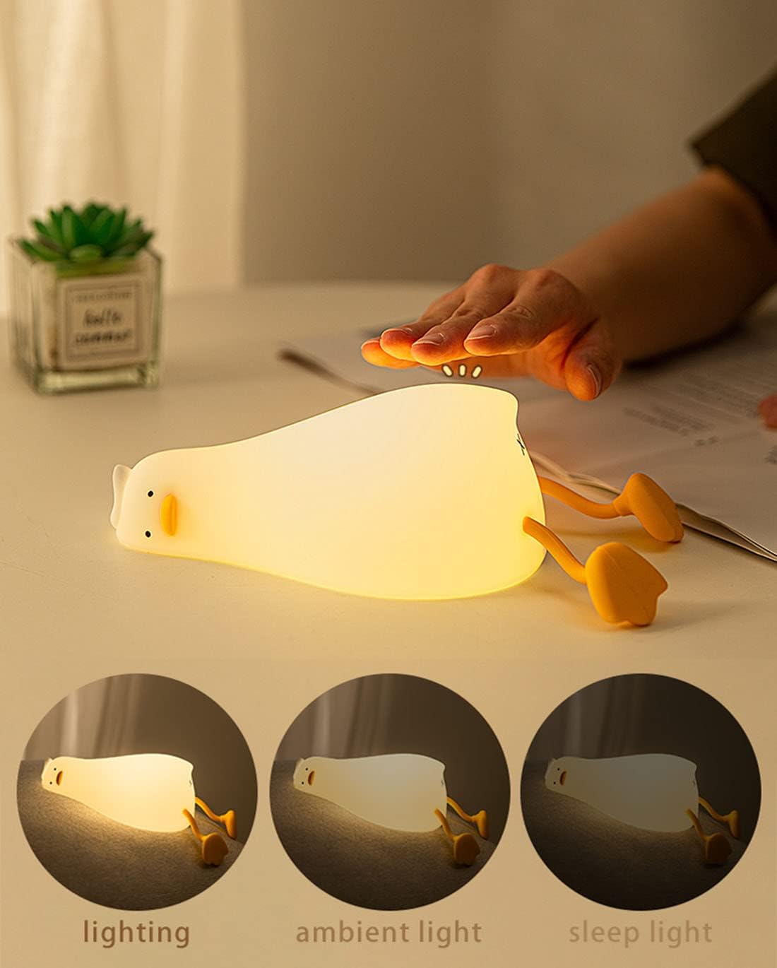 HAPPYBAG LED Lying Flat Duck Night Light, 3 Level Dimmable Nursery Nightlight,Cute Lamps Silicone Squishy Light Up Duck,Rechargeable Bedside Touch Lamp for Breastfeeding Toddler Baby Kids Decor-1