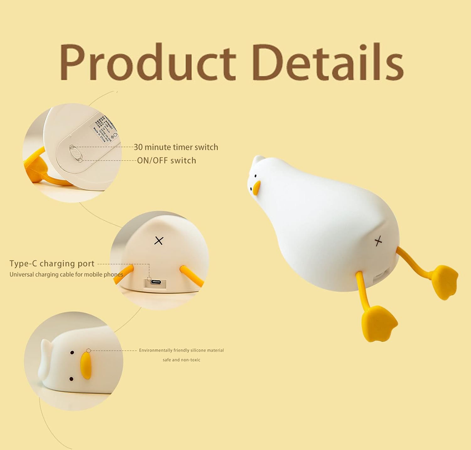 HAPPYBAG LED Lying Flat Duck Night Light, 3 Level Dimmable Nursery Nightlight,Cute Lamps Silicone Squishy Light Up Duck,Rechargeable Bedside Touch Lamp for Breastfeeding Toddler Baby Kids Decor-3