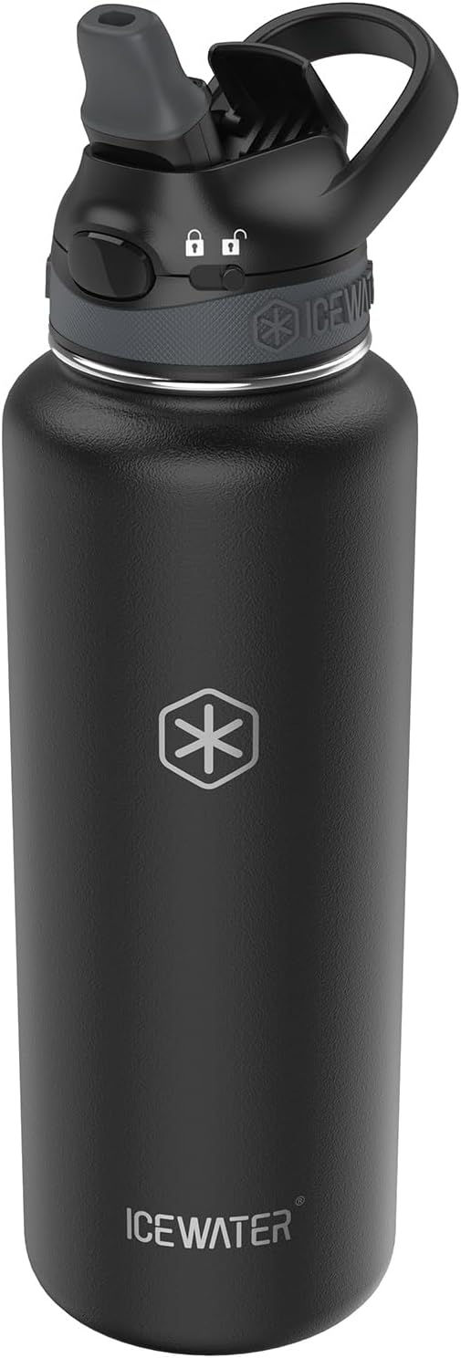 ICEWATER - 40 oz Insulated Water Bottle With Automatic Straw and Carrying Handle, Leakproof Lockable Lid with Soft Rubber Nozzle, One-hand Operation, Vacuum Stainless Steel, BPA-Free (Black)-1