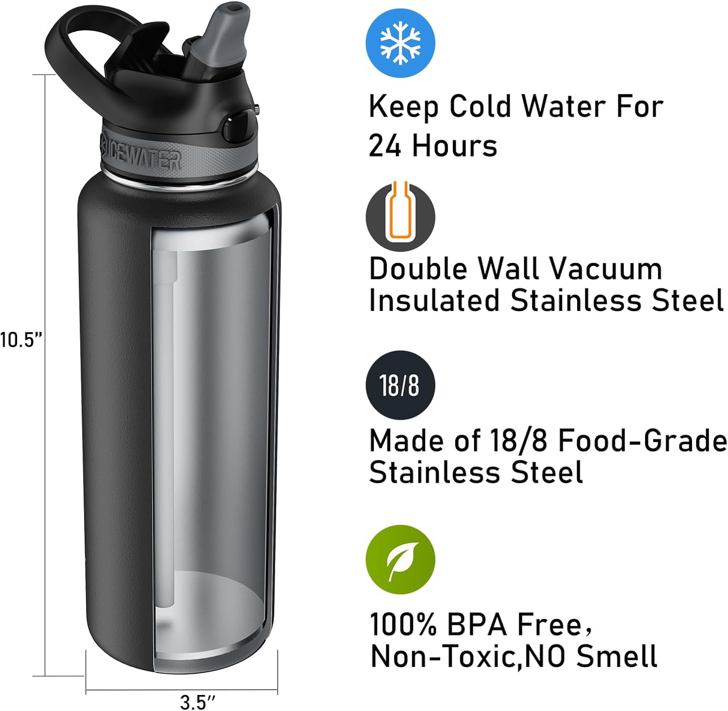 ICEWATER - 40 oz Insulated Water Bottle With Automatic Straw and Carrying Handle, Leakproof Lockable Lid with Soft Rubber Nozzle, One-hand Operation, Vacuum Stainless Steel, BPA-Free (Black)-3